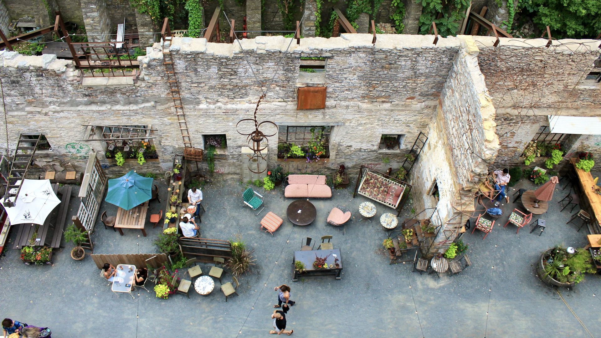 A photo of a patio as seen from above with colorful tables and chairs.