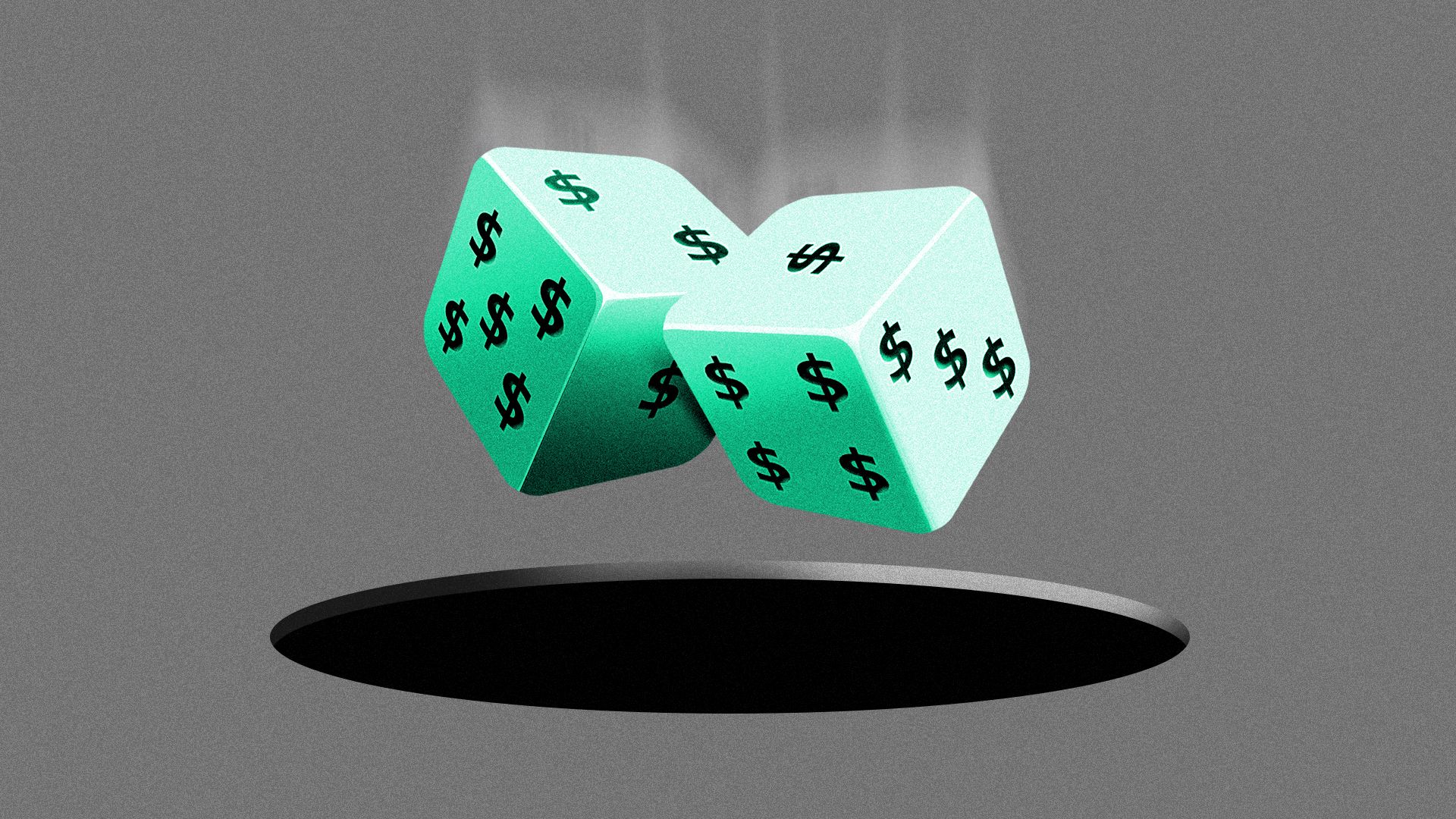 Illustration of a pair of green tinted dice with dollar signs on it falling into a hole