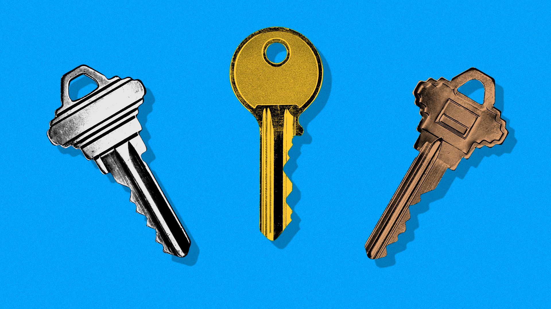 Illustration of three house keys, one silver, one gold, one bronze.