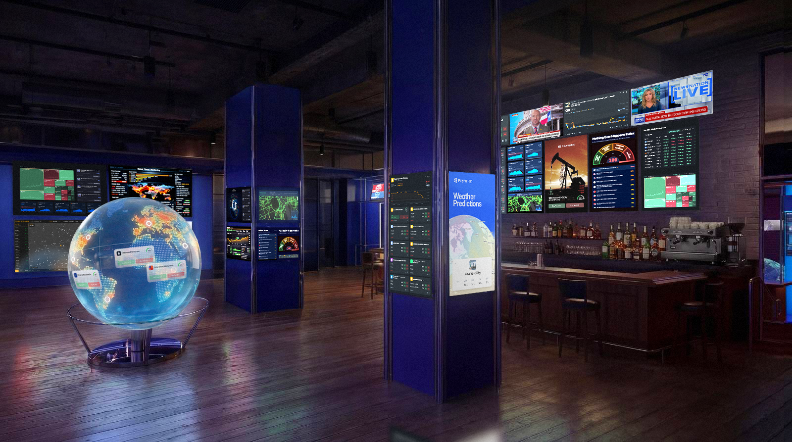 Rendering of a “Situation Room”-style bar with walls of screens showing news, markets and maps, a glowing digital globe centerpiece, and a traditional bar setup — blending a sports bar atmosphere with a real-time data command center.