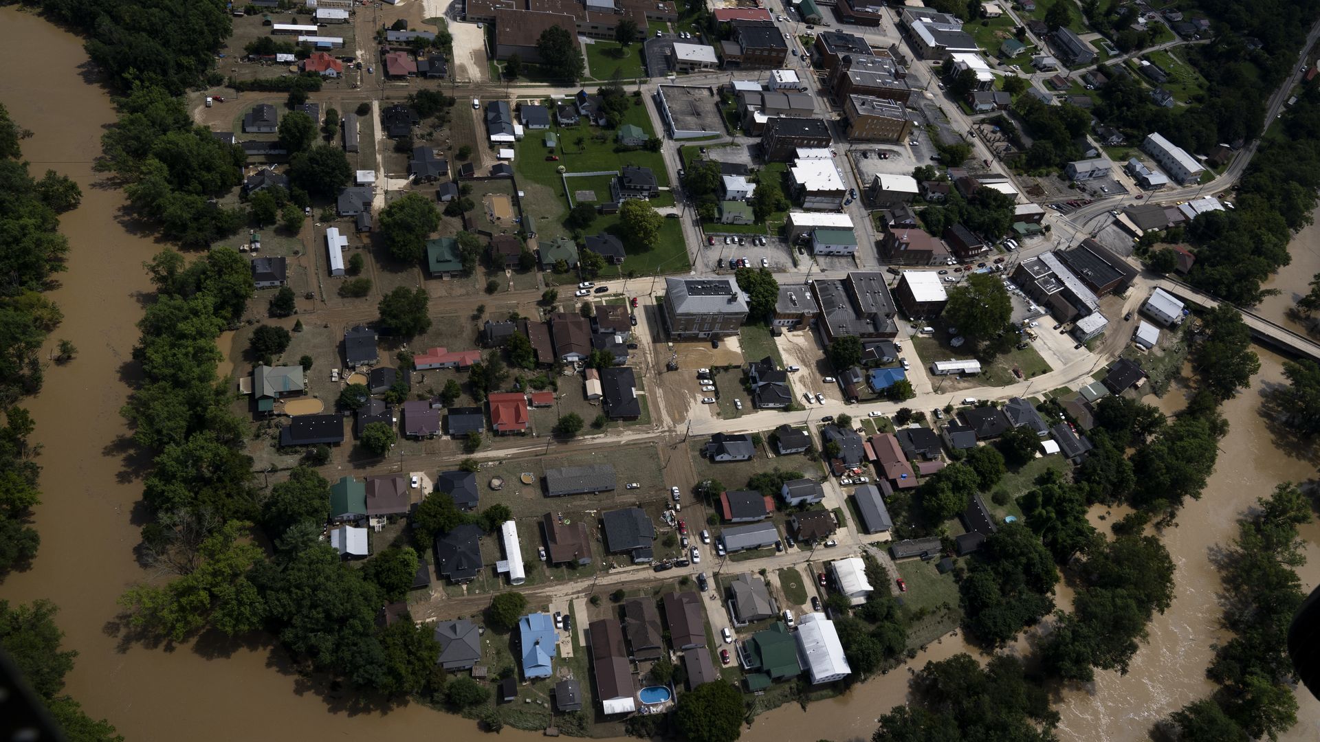 A residential neighborhood that was hit by flooding in Jackson, Kentucky, on July 30.