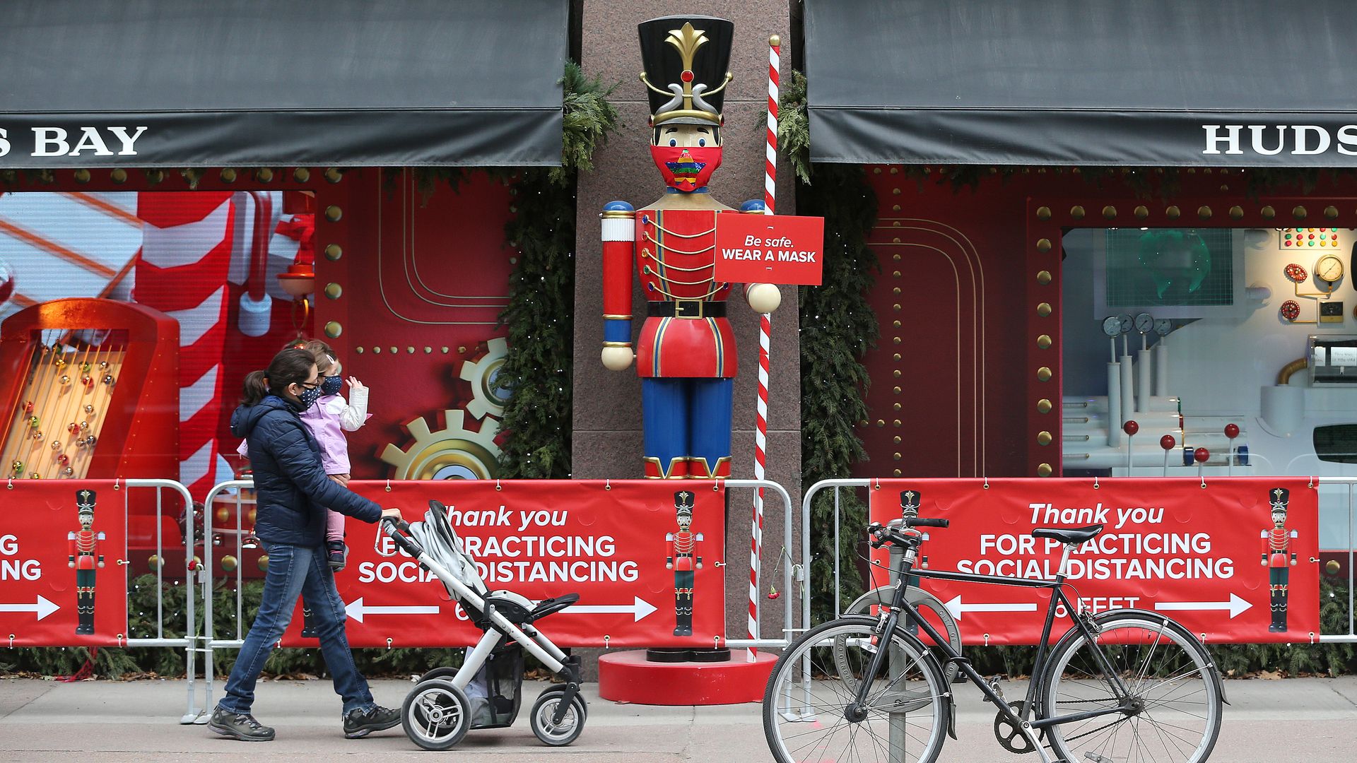 The Christmas windows at the Hudsons Bay Company encourage people to social distance 