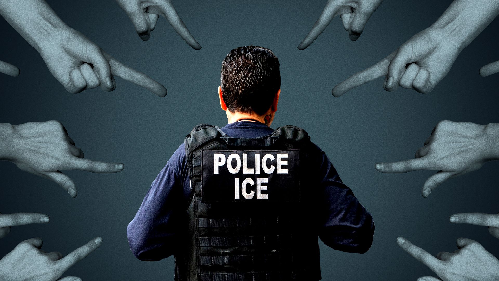 Photo illustration of a bunch of fingers pointing at an ICE agent. 
