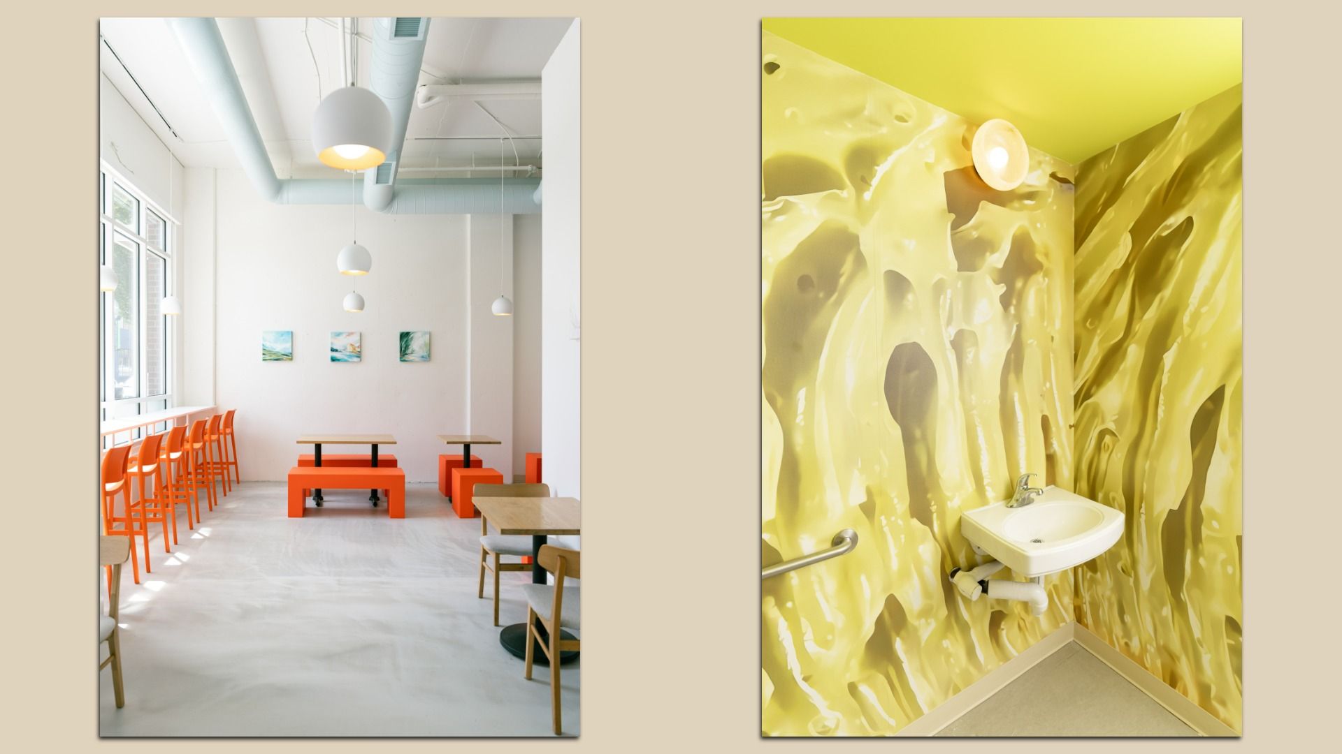 A modern cafe interior with vibrant orange seating and minimalist decor beside an unusual restroom featuring bold, abstract yellow textured walls surrounding a small white sink and minimal fixtures.
