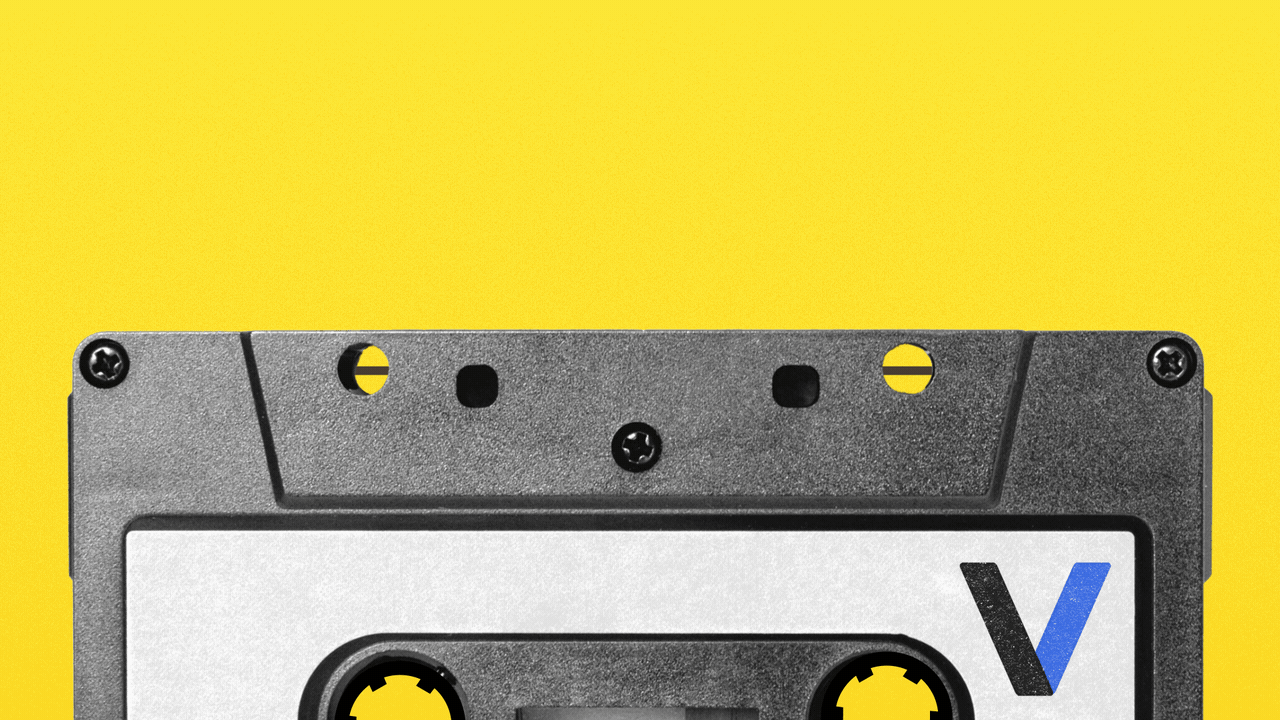 Illustration of a cassette tape with the tape unspooling to spell weekend.