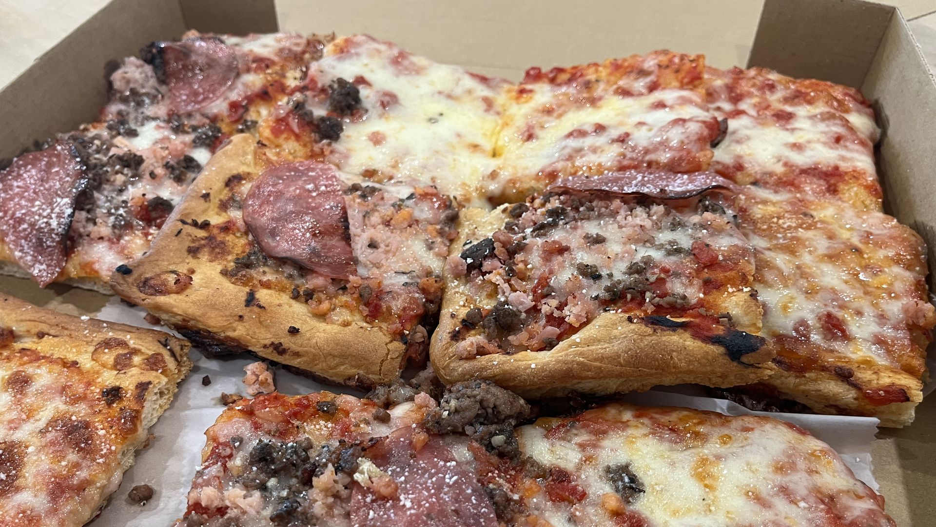 Square pizzas from Frankie's Pizza.