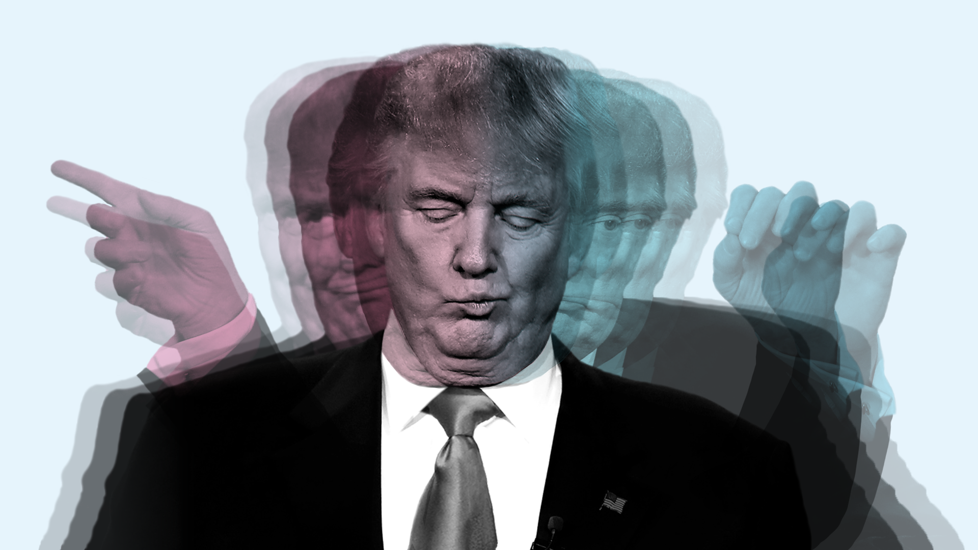 Illustration of several photos of Trump swiveling in a circle.