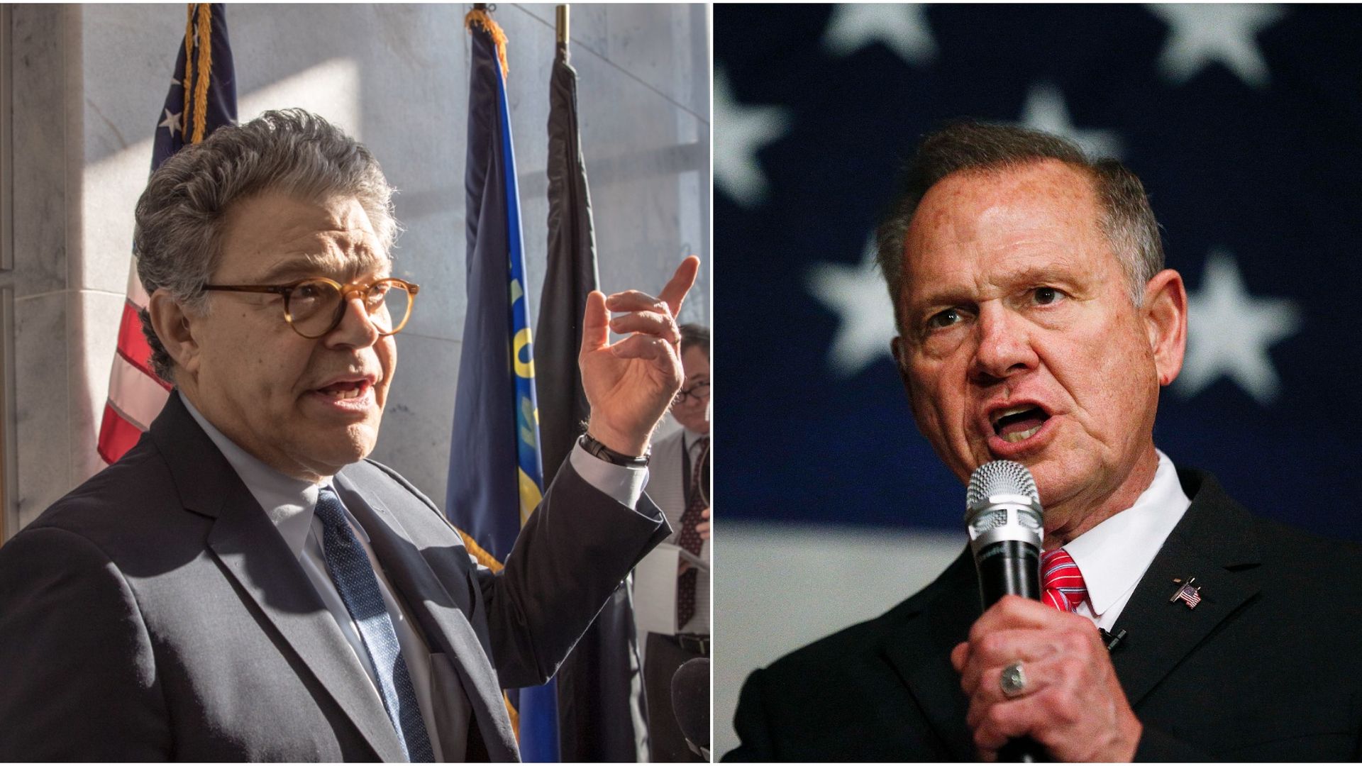 Split screen photo with Sen. Al Franken on the left and Roy Moore on the right. 