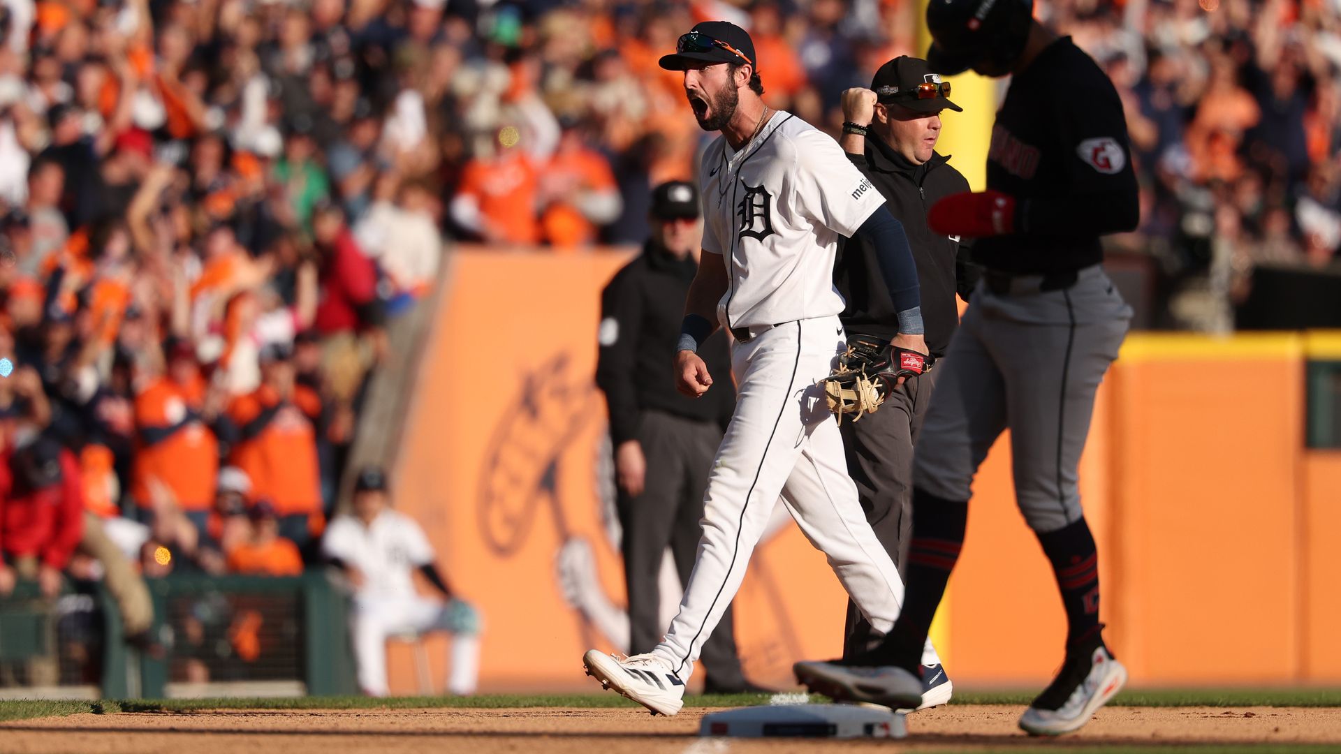 Detroit's Matt Vierling reacts after catching a line drive to end the seventh inning yesterday. 