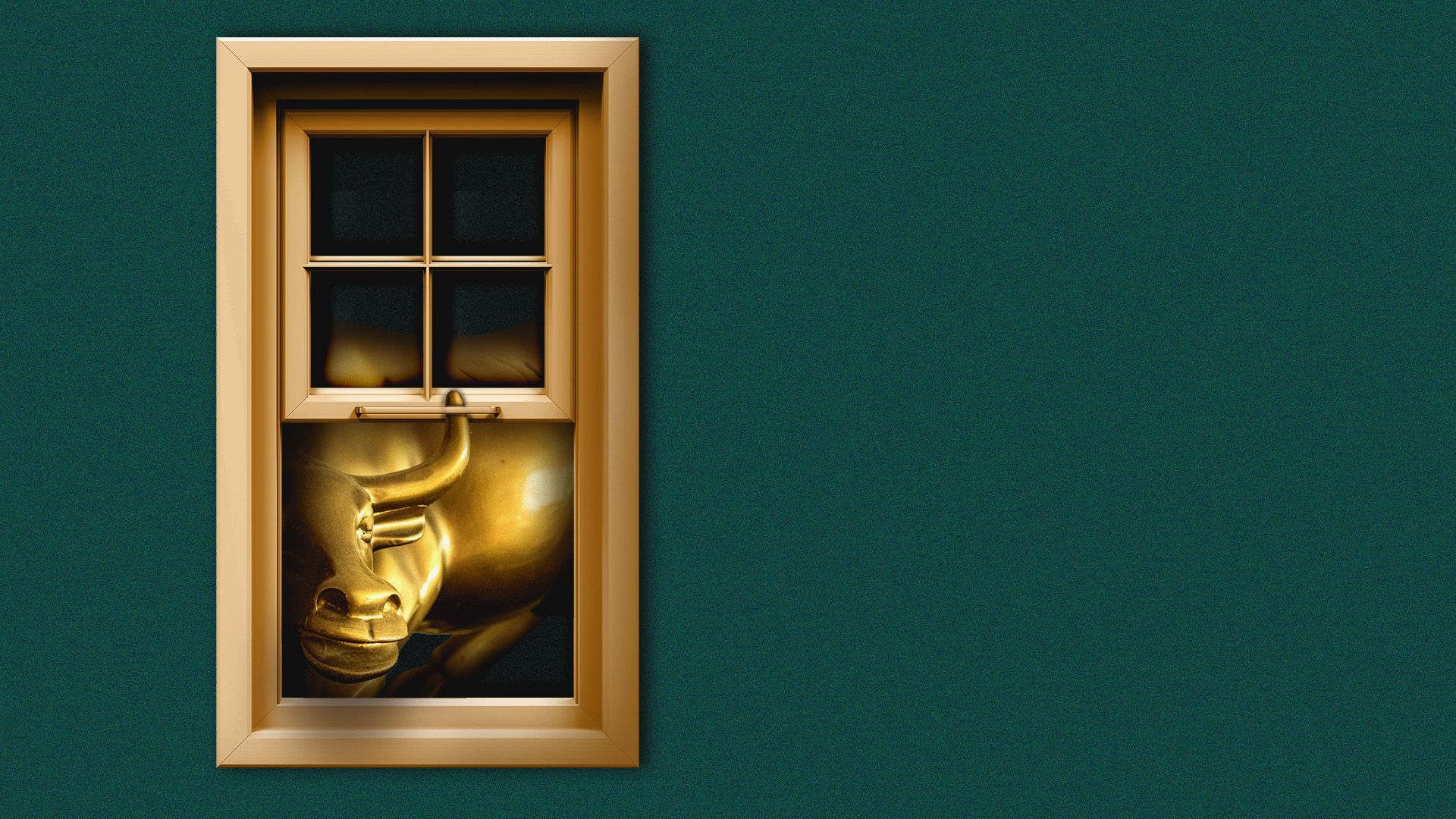 illustration of the wall street bull peeking through an open window