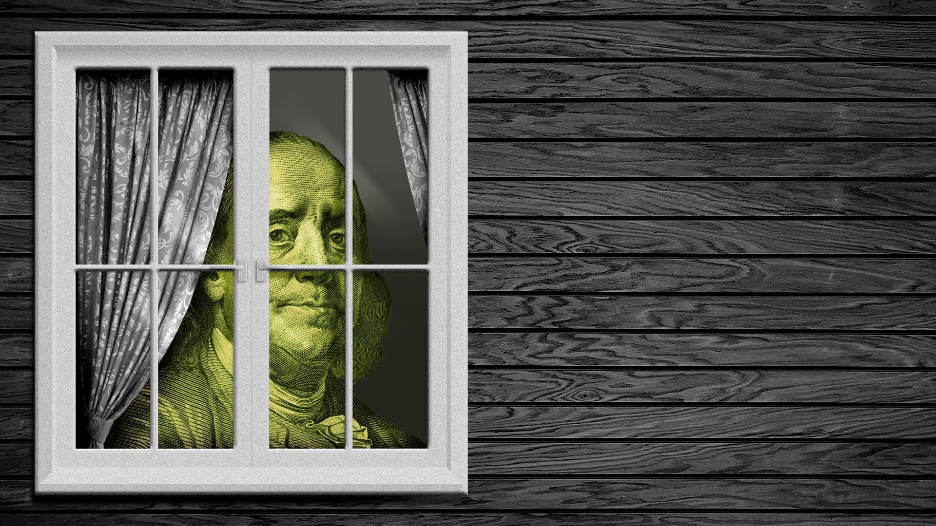 Illustration of a worried-looking Benjamin Franklin from a hundred dollar bill peering out of a house window
