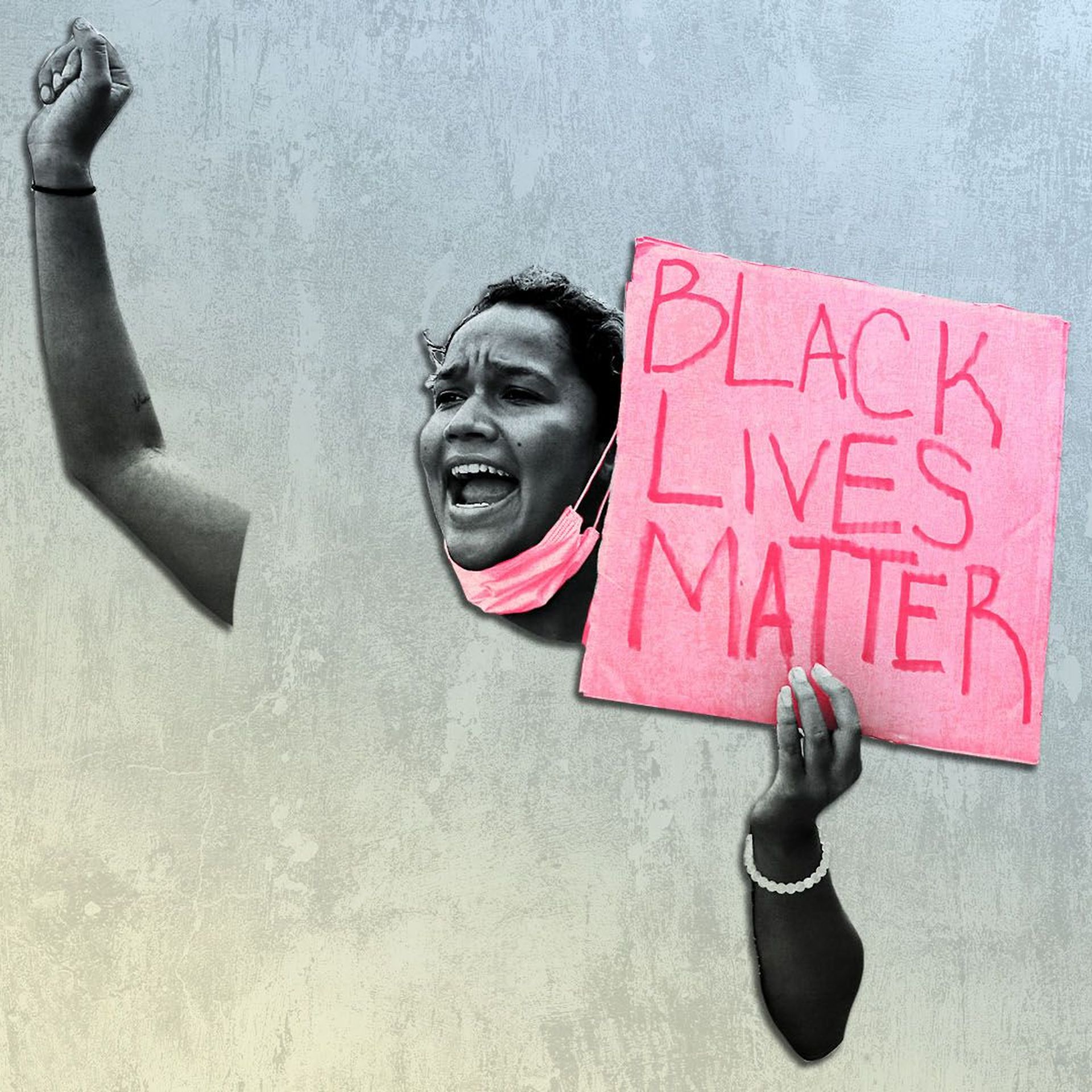 Photo illustration of a protester holding a sign that says, "Black Lives Matter."