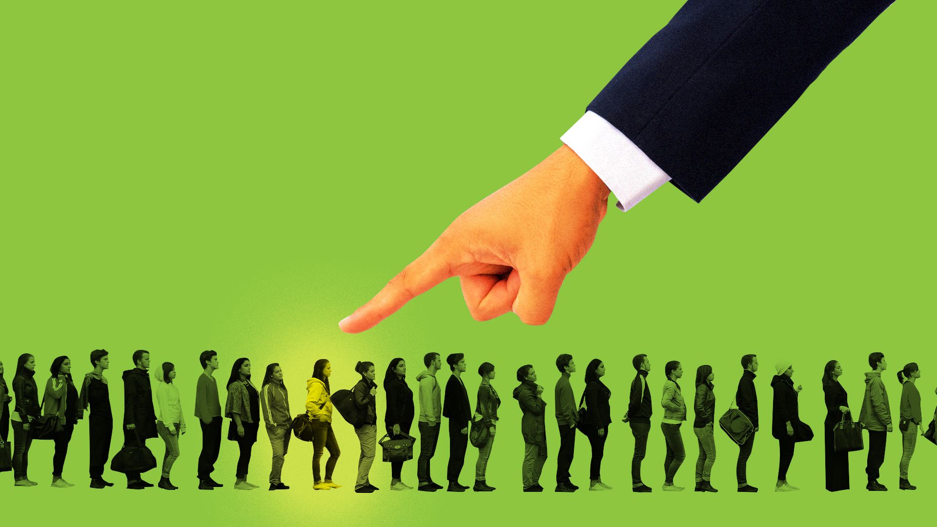 Illustration of a giant hand pointing out a single person in a line of people.