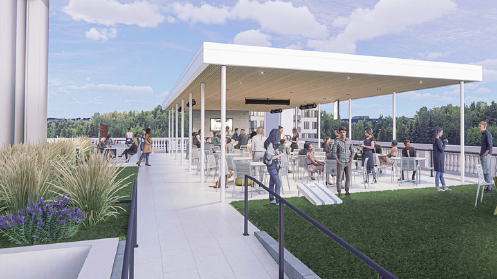 Outdoor rooftop patio with white canopy, people socializing and sitting at tables, green grass area, plants in planters, blue sky with clouds, and surrounding trees. Laurel Park in SouthPark in Charlotte, North Carolina
