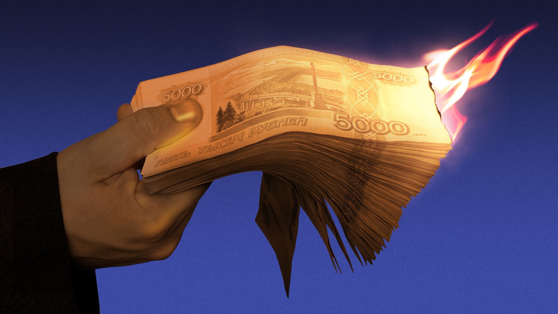 Illustration of a hand holding a stack of rubles on fire. 