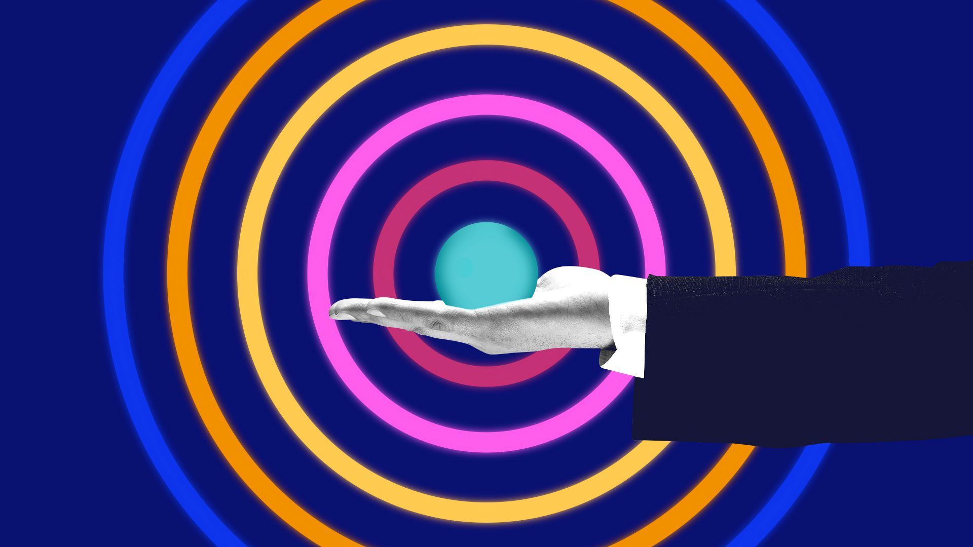 Illustration of a hand holding a glowing neon ball with rings emanating out.