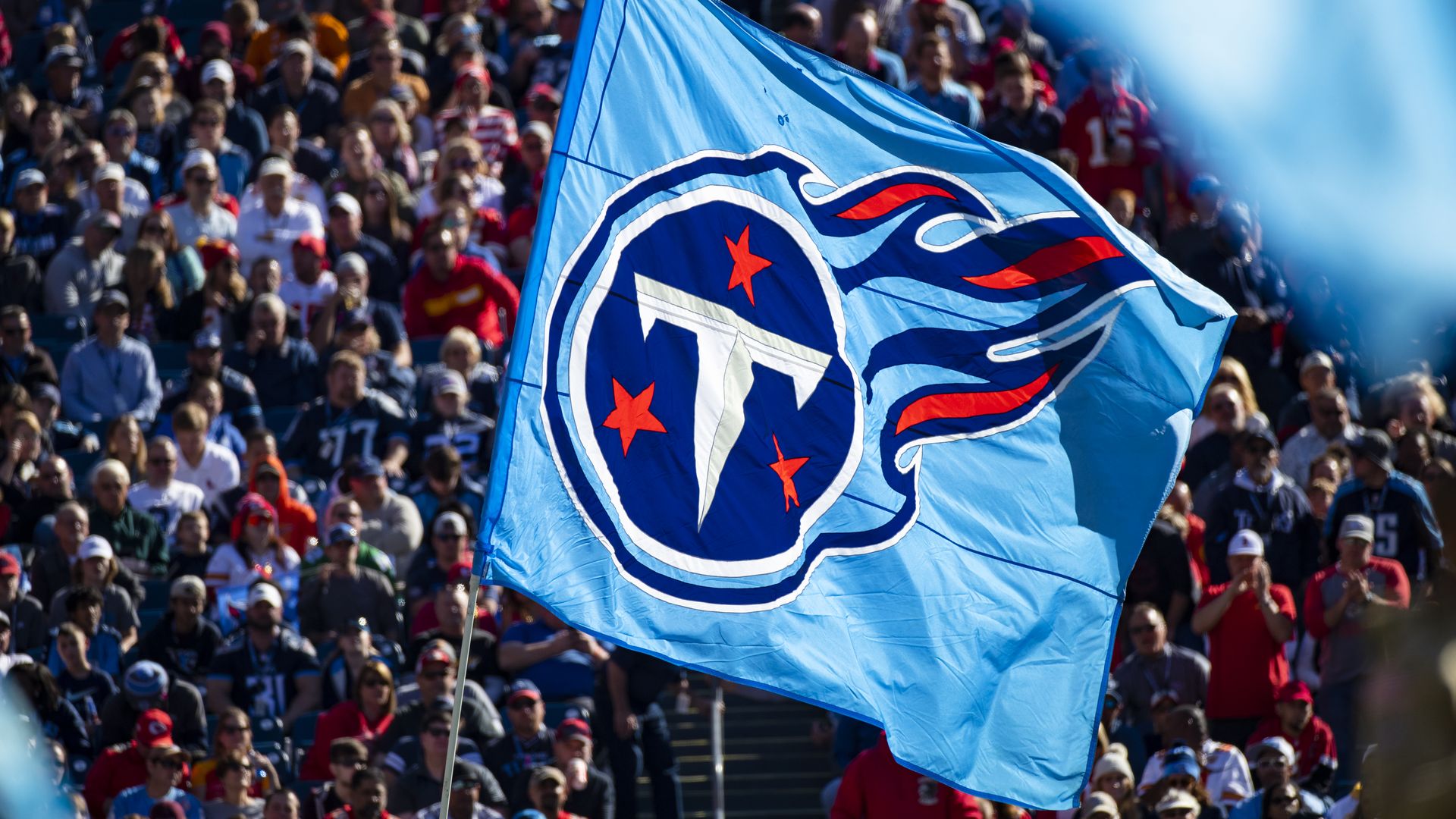 A Tennessee Titans logo flag during the first half of a game against the Kansas City Chiefs at Nissan Stadium on November 10, 2019 in Nashville, Tennessee.