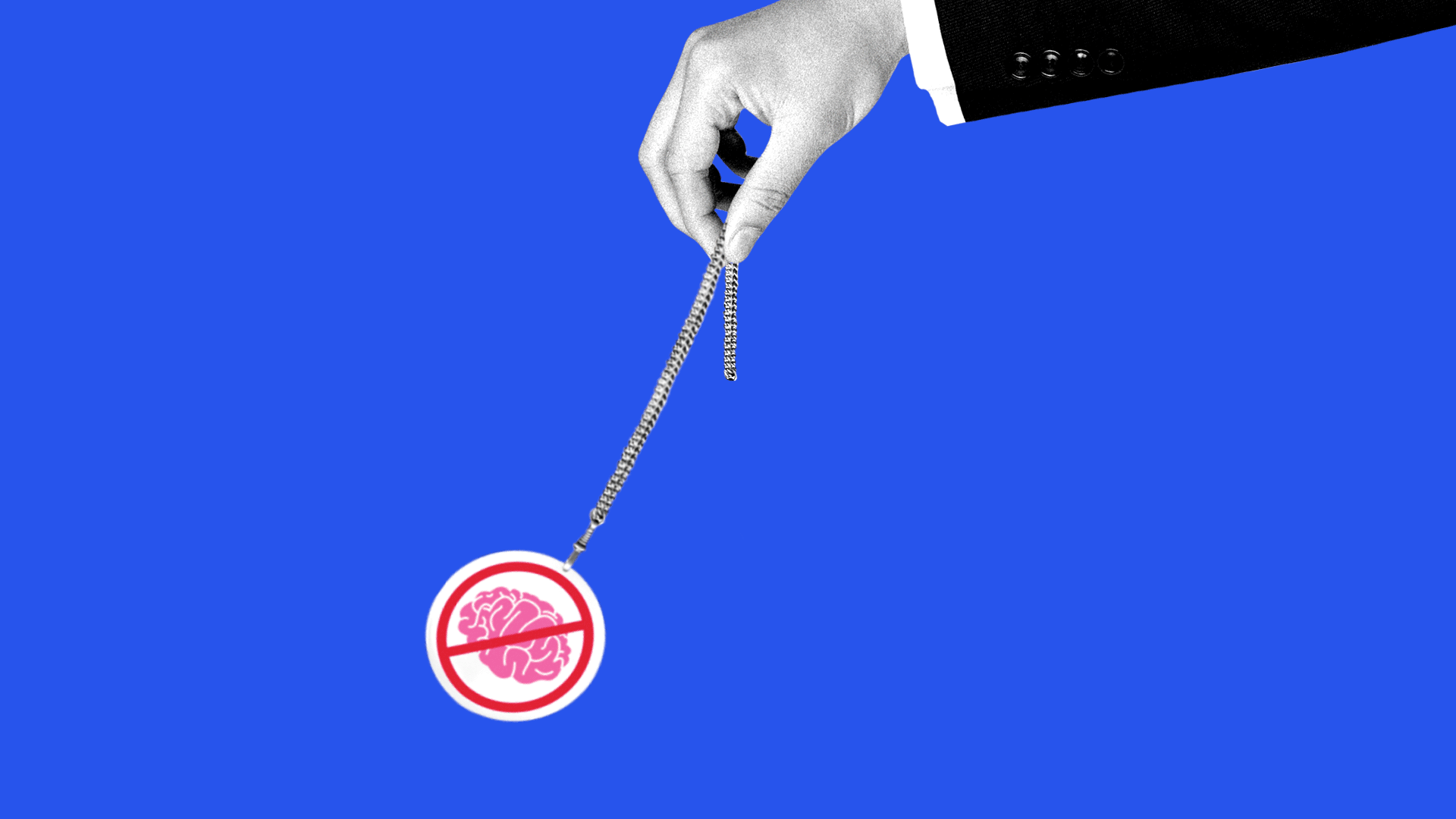 Animated illustration of a suit-clad forearm holding a pendant showing a a no symbol over a brain, swinging back and forth.