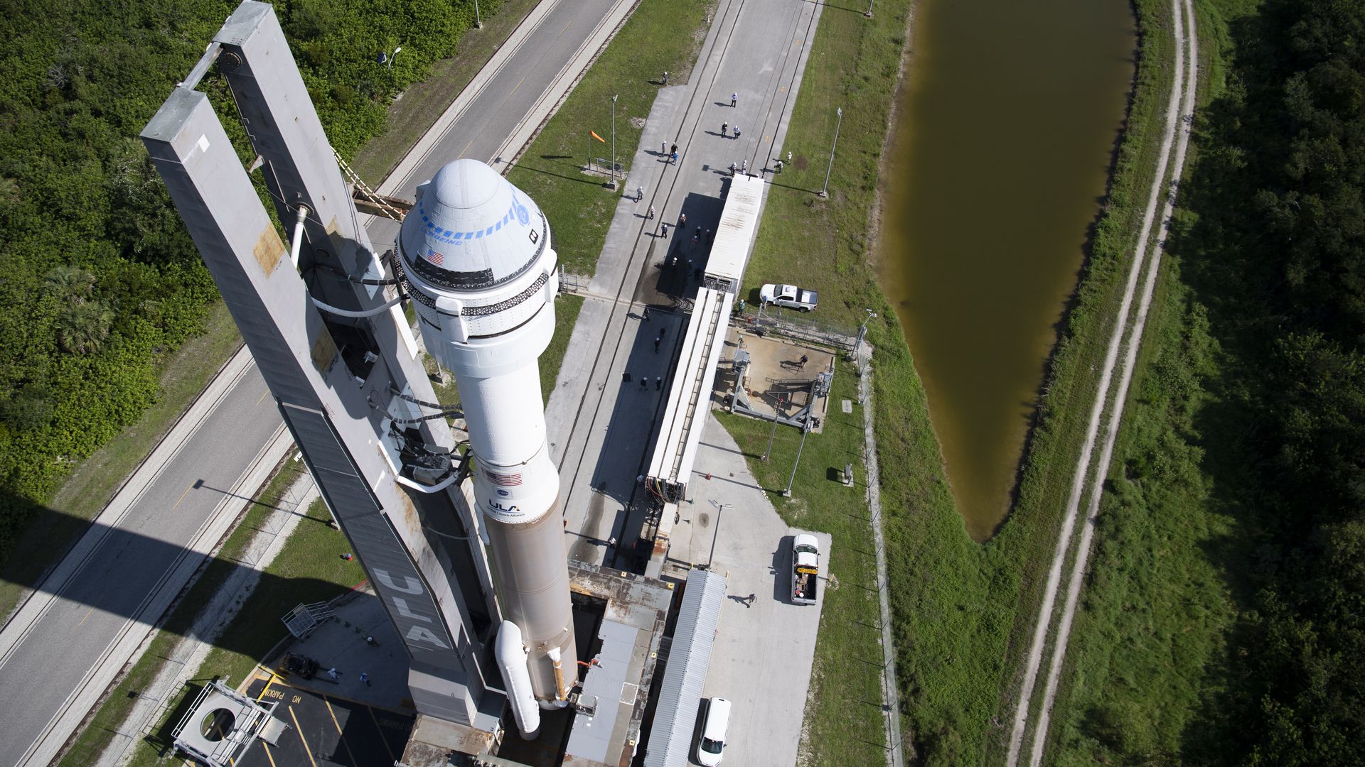 Boeing's Starliner spacecraft atop a United Launch Alliance rocket on a lunch pad in July 2021 at Cape Canaveral Space Force Station in Florida.