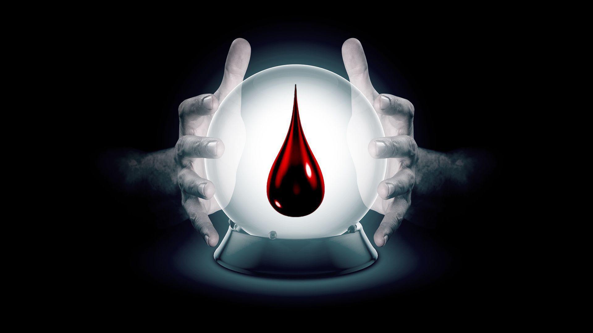 Illustration of a glass ball with a drop of blood inside of it.