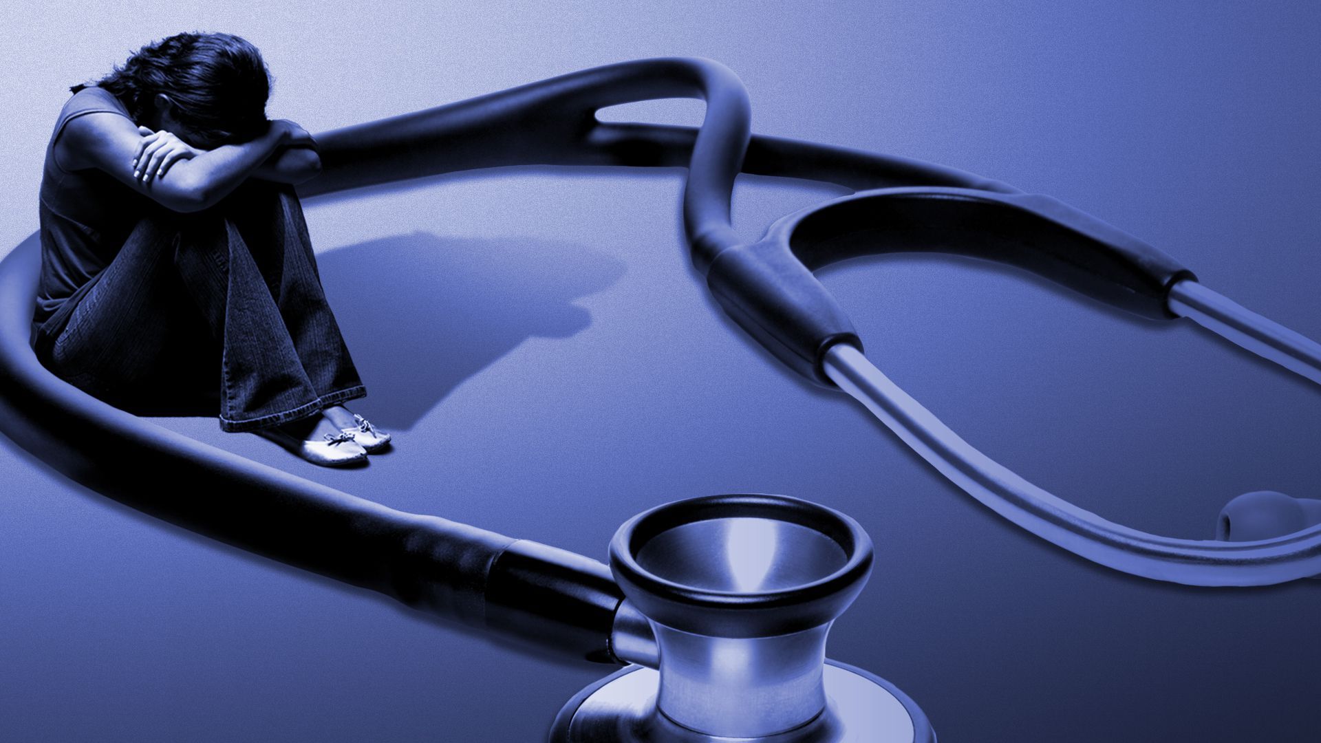 Illustration of a person with their head in their hands, sitting against a larger-than-life stethoscope.