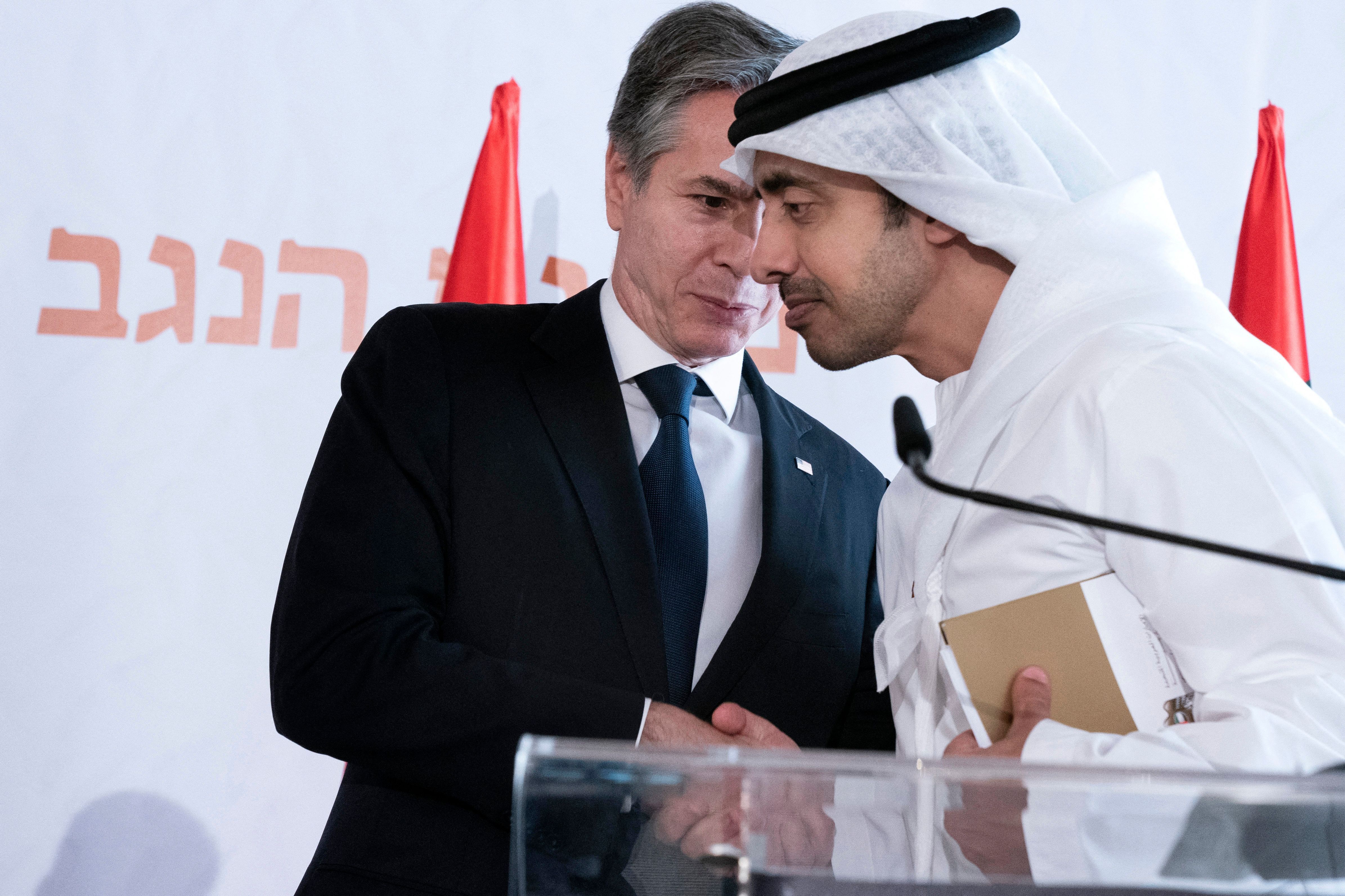 Secretary of State Tony Blinken speaks with UAE Foreign Minister Sheikh Abdullah bin Zayed at an Israeli summit in 2022.