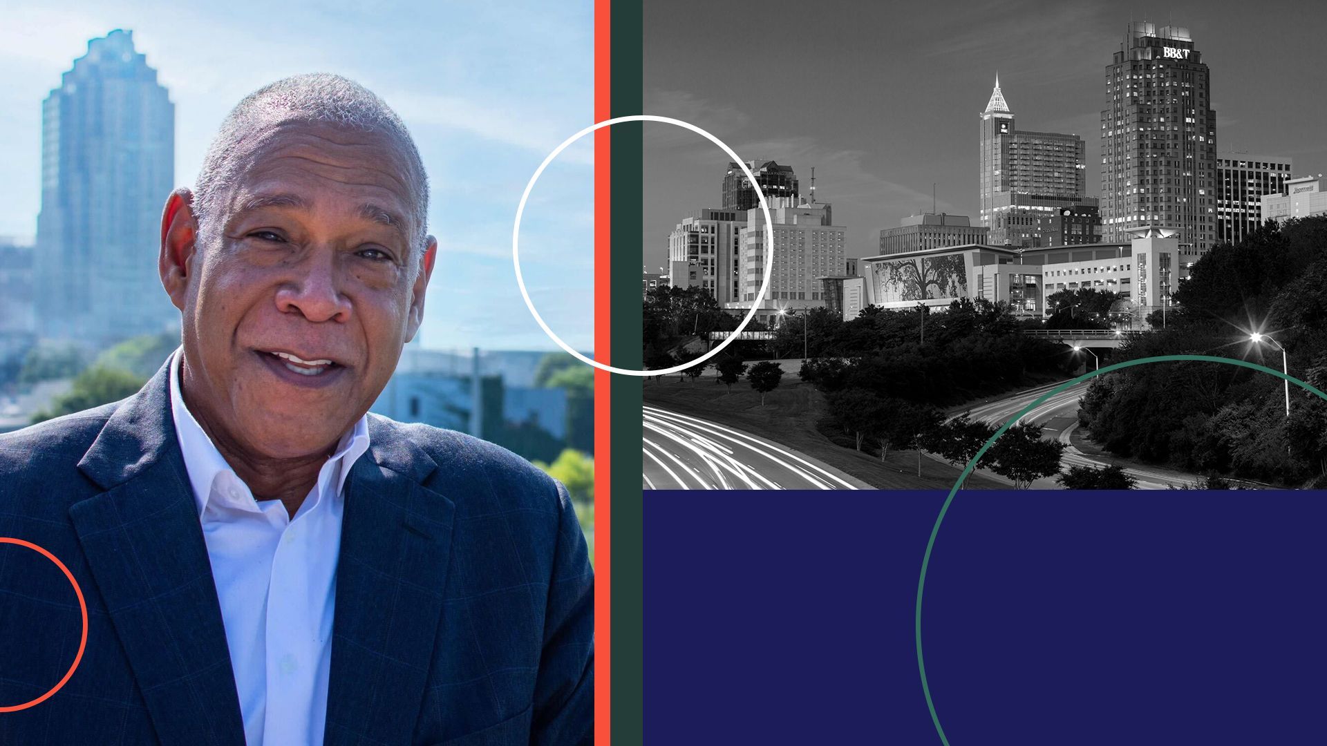 Photo illustration of Mitchell Silver collaged with photos of Raleigh and abstract shapes. 