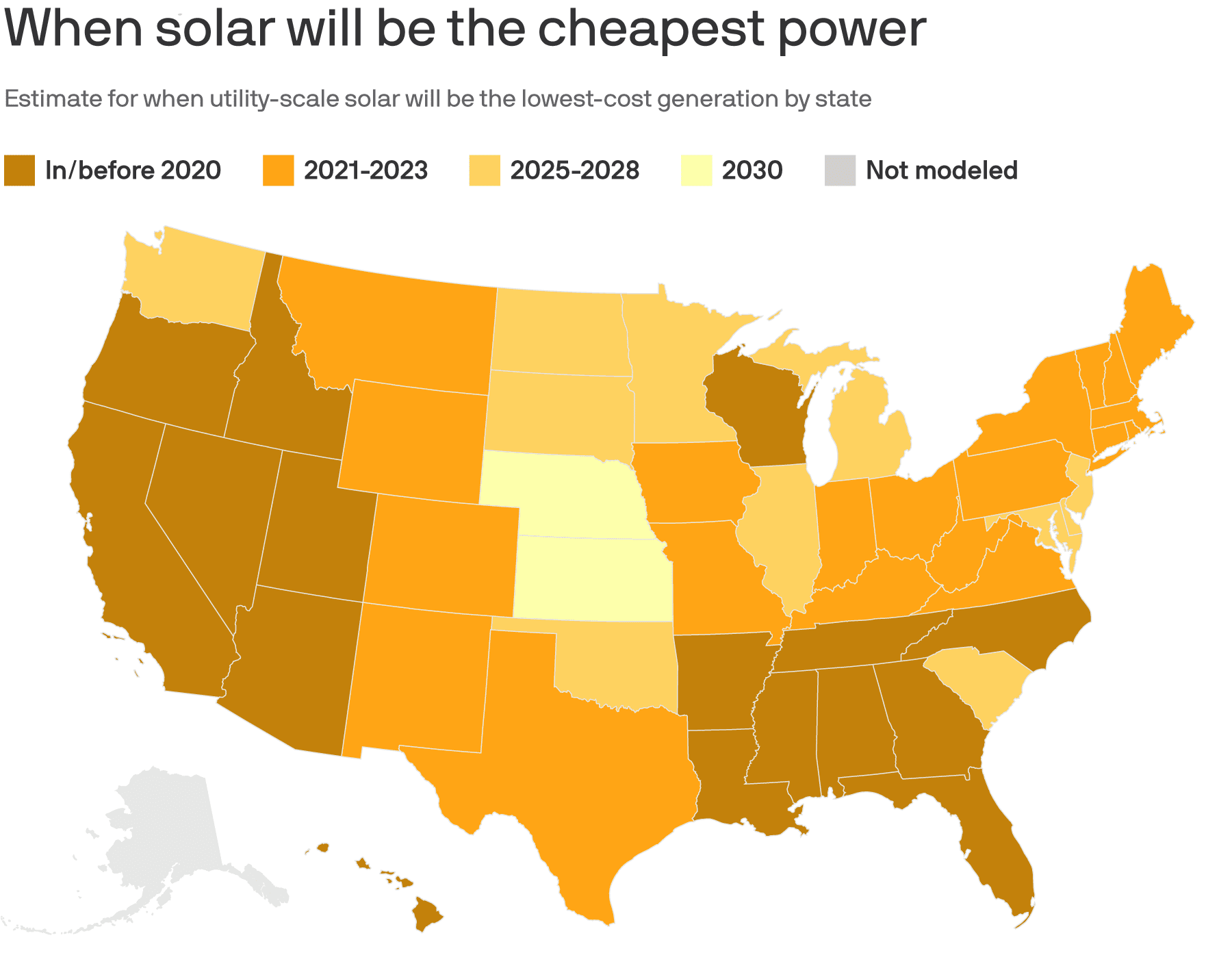 a map of solar prices. Data: Wood Mackenzie; Map: Danielle Alberti/Axios