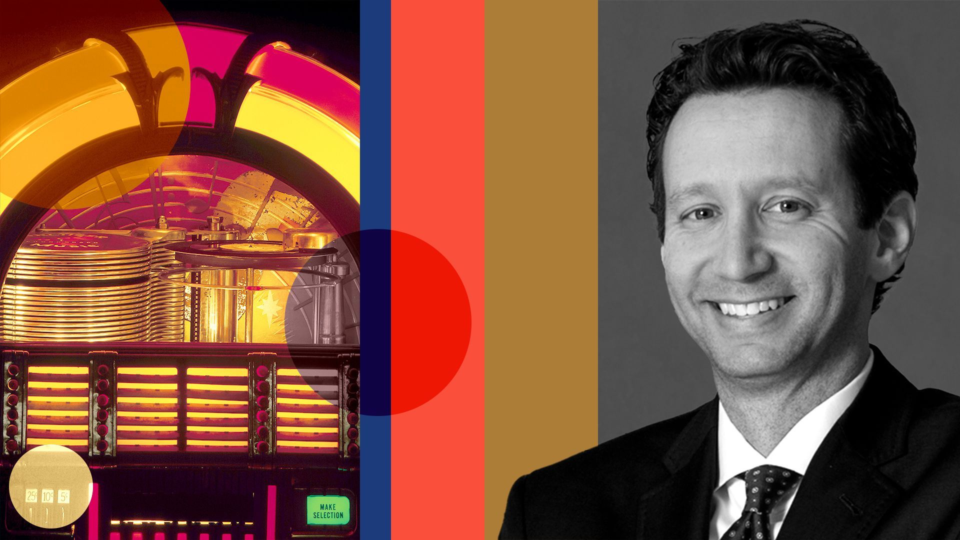 Photo illustration of Mark Boidman with an image of a jukebox and abstract shapes.