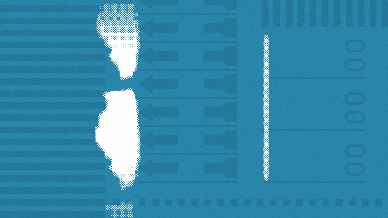 Animated photo illustration of a checkmark rotating to reveal a speaking Kamala Harris, with a line of Illinois state outlines moving downward.