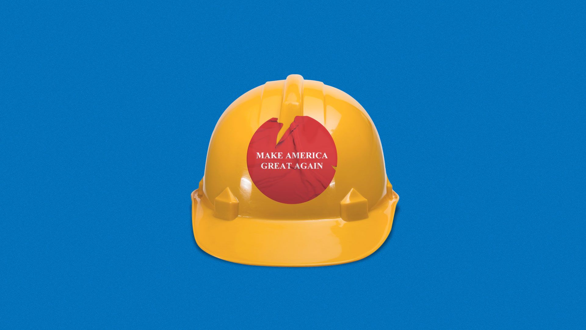 Illustration of hard hat with an old peeling Make America Great Again sticker.