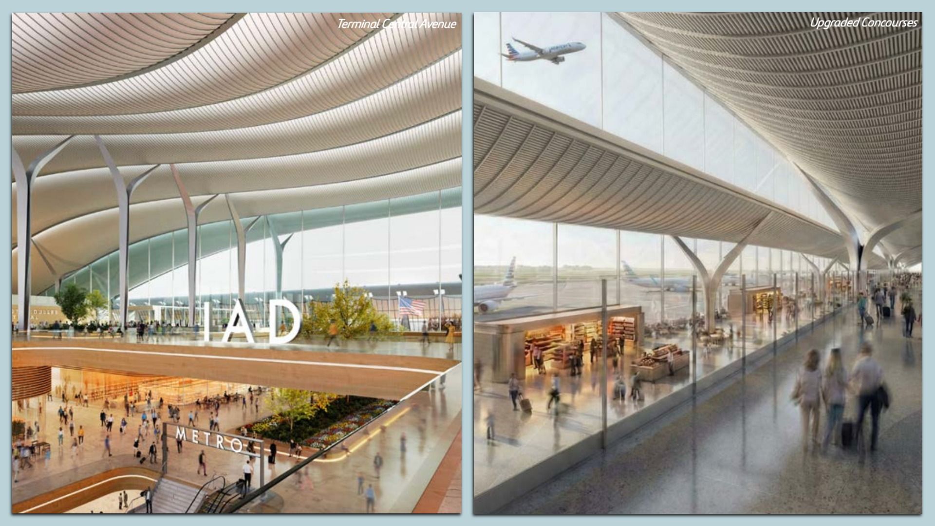 Modern airport interior with curved white ceilings, large glass windows, and many travelers. Left shows terminal with "LAD" letters and metro entrance; right shows concourses with shops and planes outside.