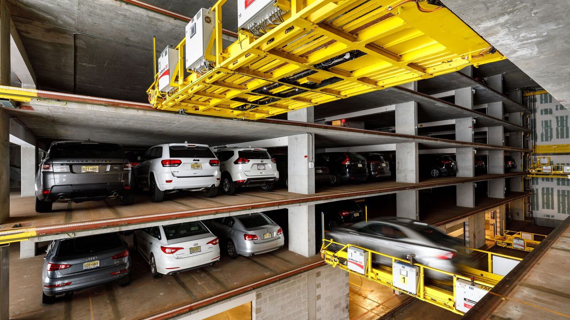 U-tron's automated parking garage packs cars close together. 