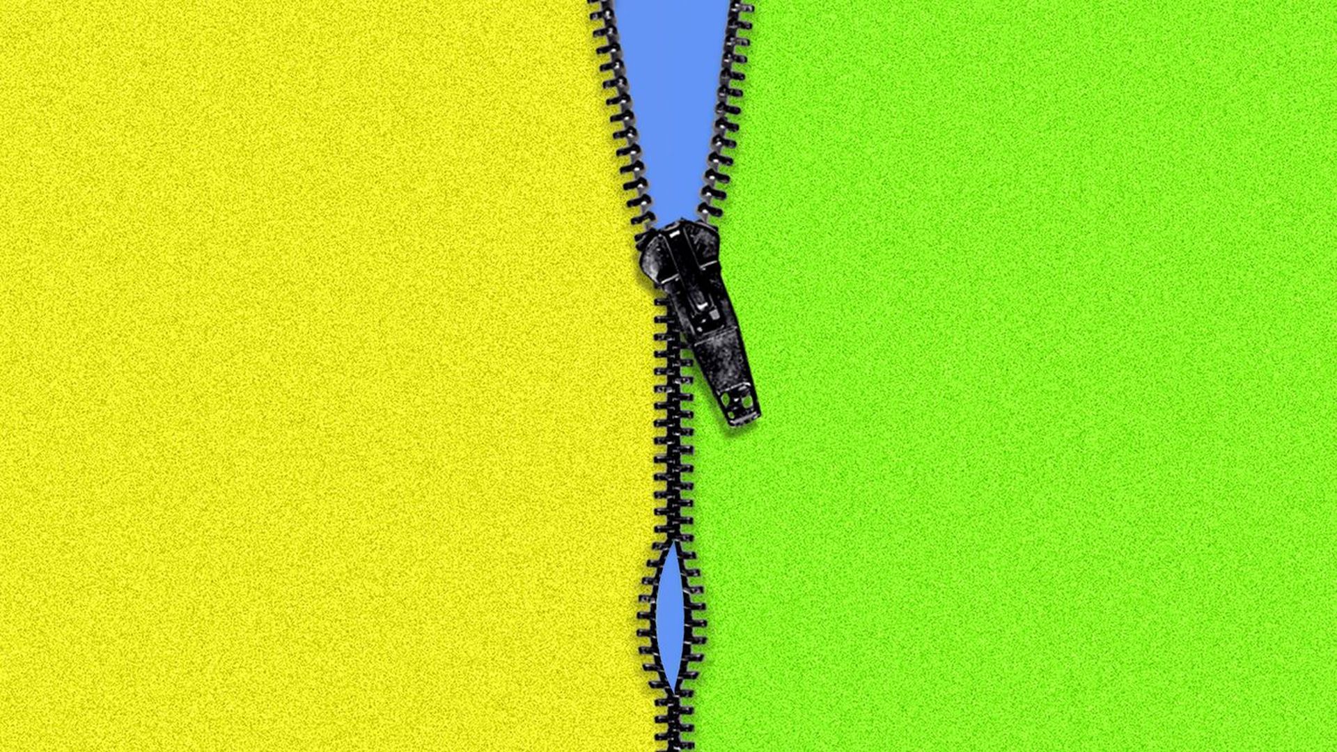 Illustration of a zipper combining two yellow and green sides and the zipper is split apart a bit toward the bottom.