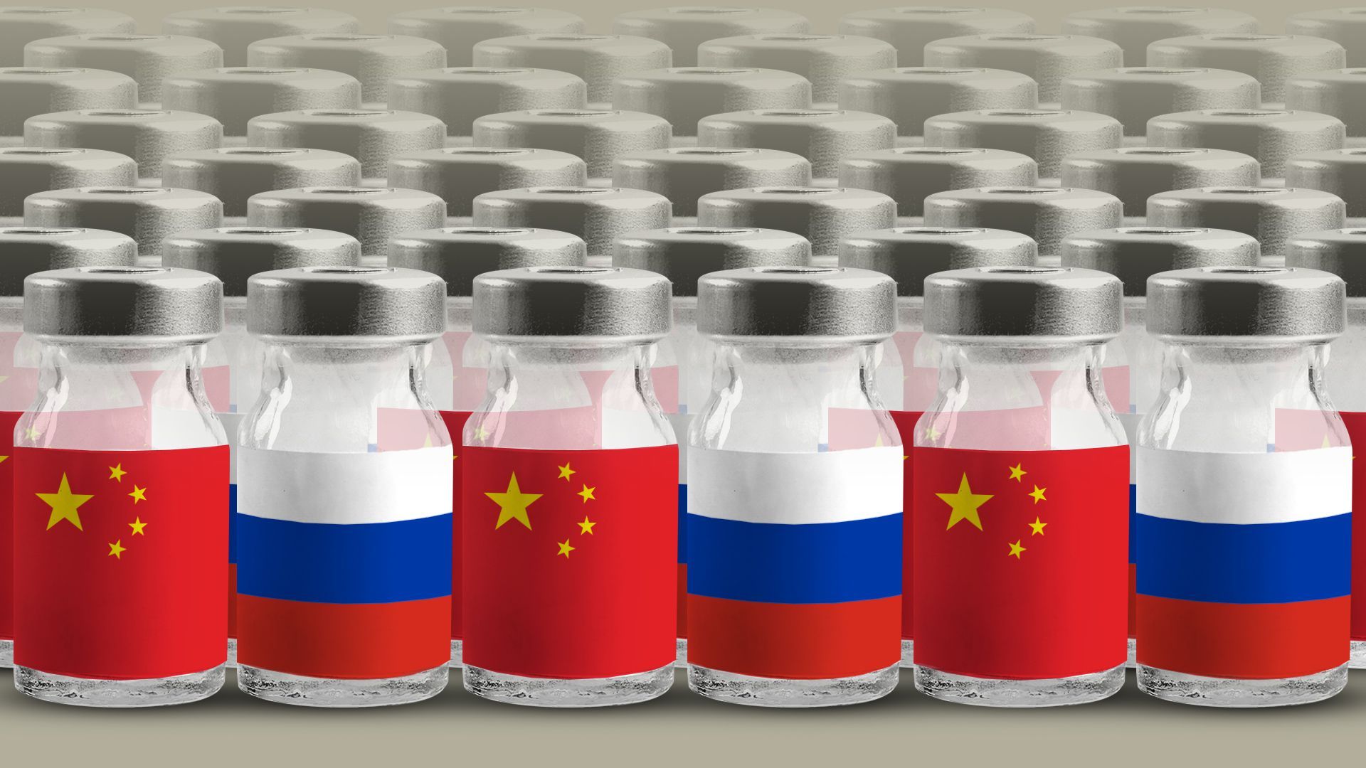 Illustration of rows and rows of vaccine vials with Russian and Chinese flags as labels. 