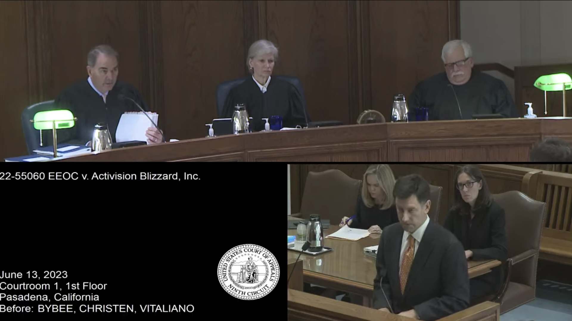 Video screenshot of judges and lawyers in court