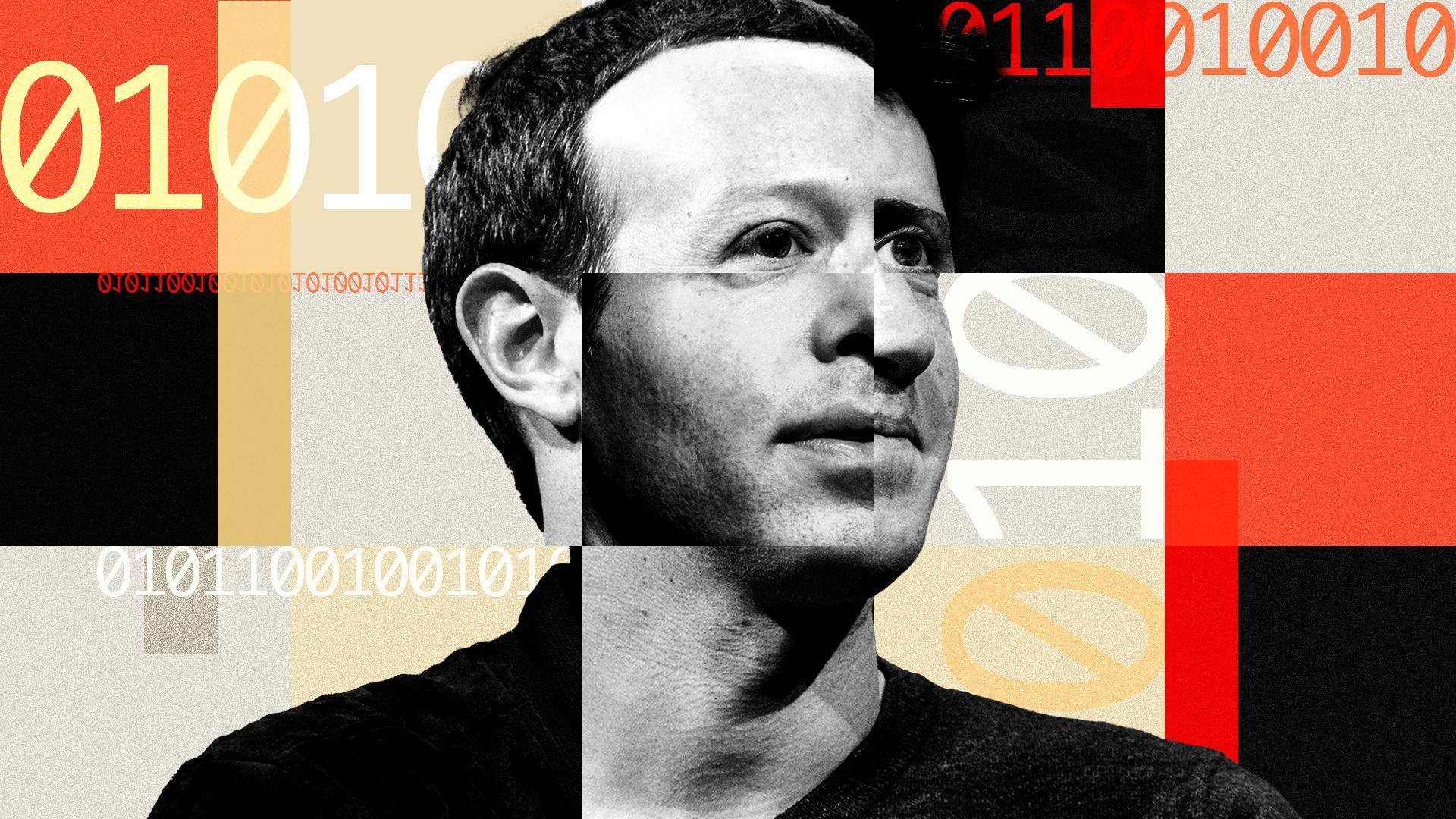 Photo illustration of Mark Zuckerberg and Sam Altman mashed up and surrounded by colored squares and binary code