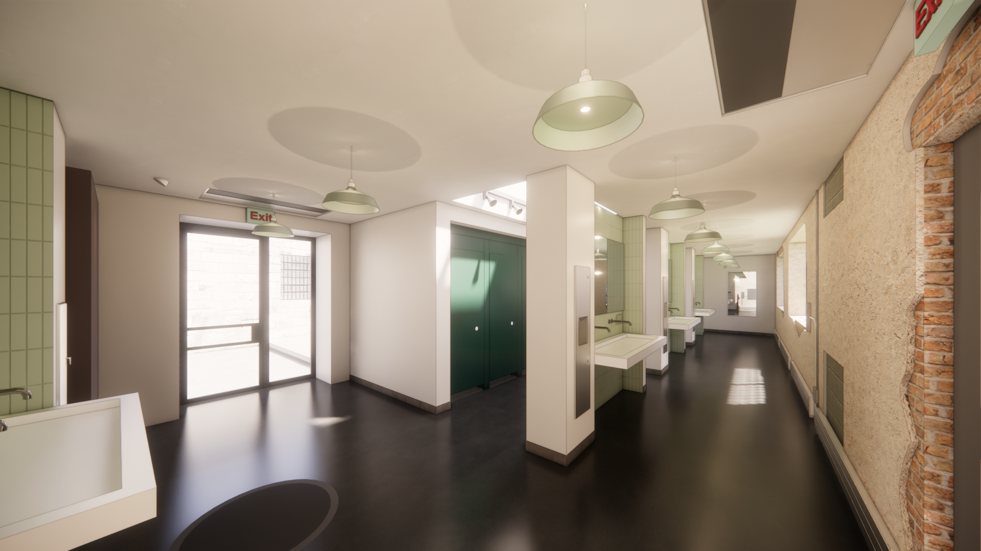 A rendering of Eastern State Penitentiary's new welcome center, including a hallway with pale walls, green pendant lights, and a row of sinks with mirrors on the right. 