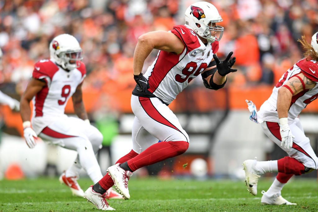 J.J. Watt #99 of the Arizona Cardinals rushes the line of scrimmage in the second quarter against the Cleveland Browns at FirstEnergy Stadium on October 17, 2021 in Cleveland, Ohio. 