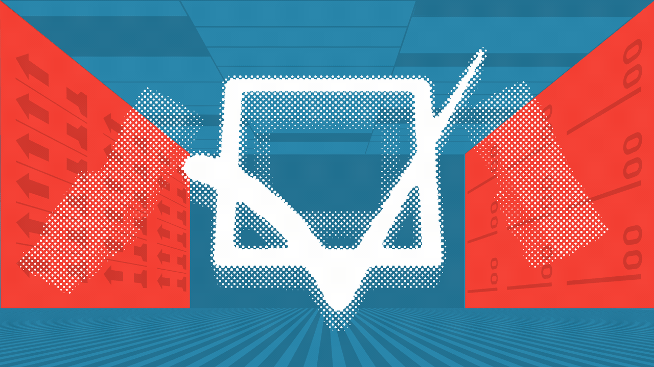 Animated illustration of the state of Louisiana rotating to reveal a checkmark over a divided red and blue background with elements of ballots.