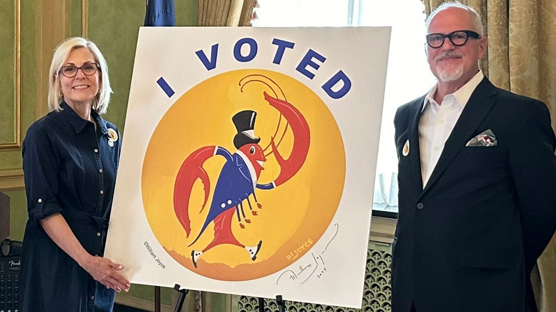 Photo shows Louisiana's "I Voted" sticker with a cartoon crawfish.