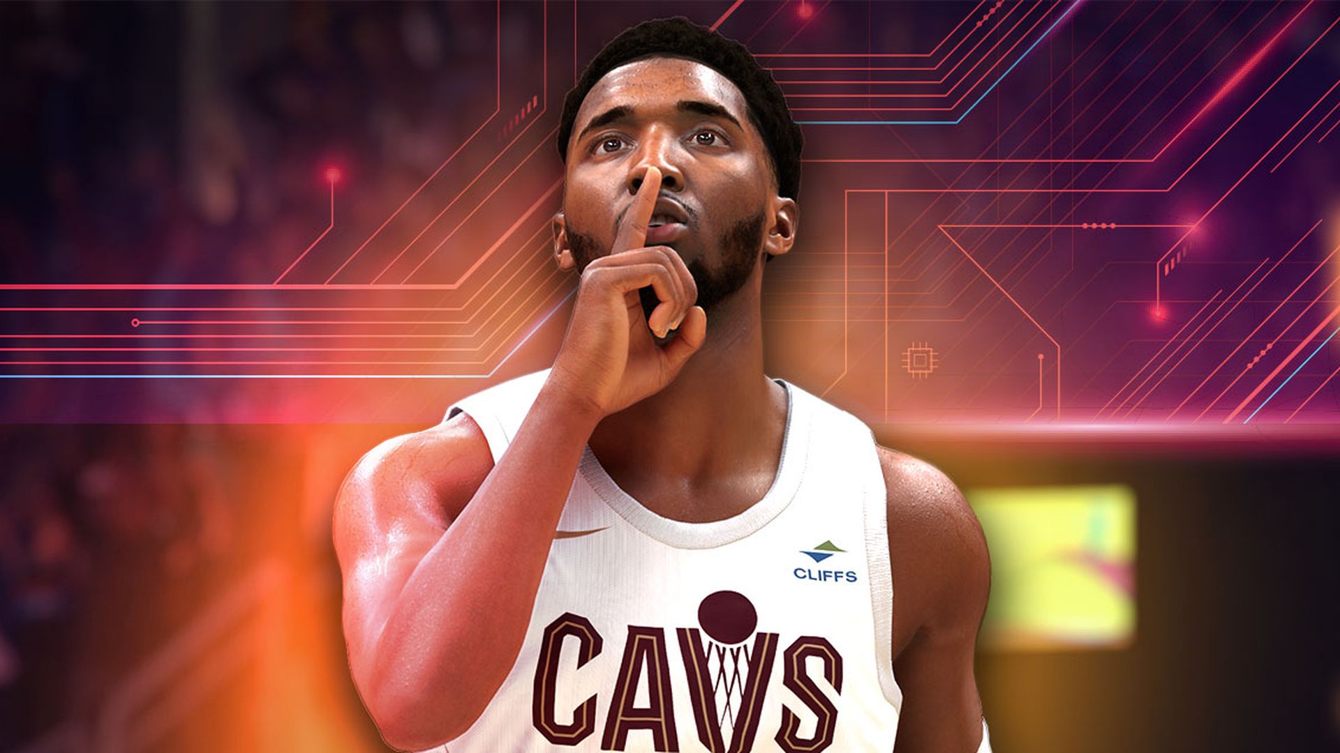 Left: a basketball player in white Cavaliers jersey #45 silences with his finger; neon tech background. Right: a glowing Cavaliers card featuring Donovan Mitchell, rating 91, with purple crystals.