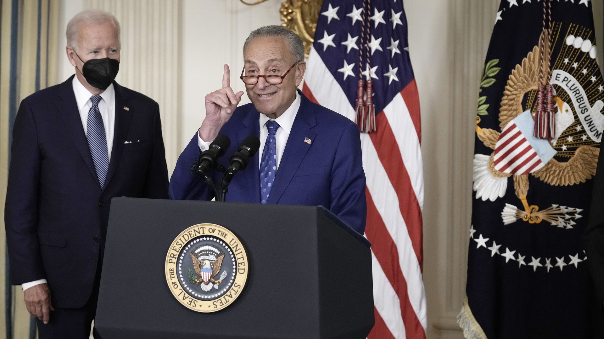 Senate Majority Leader Charles Schumer (D-NY) speaks during the signing ceremony for The Inflation Reduction Act with President Joe Biden at the White House. 