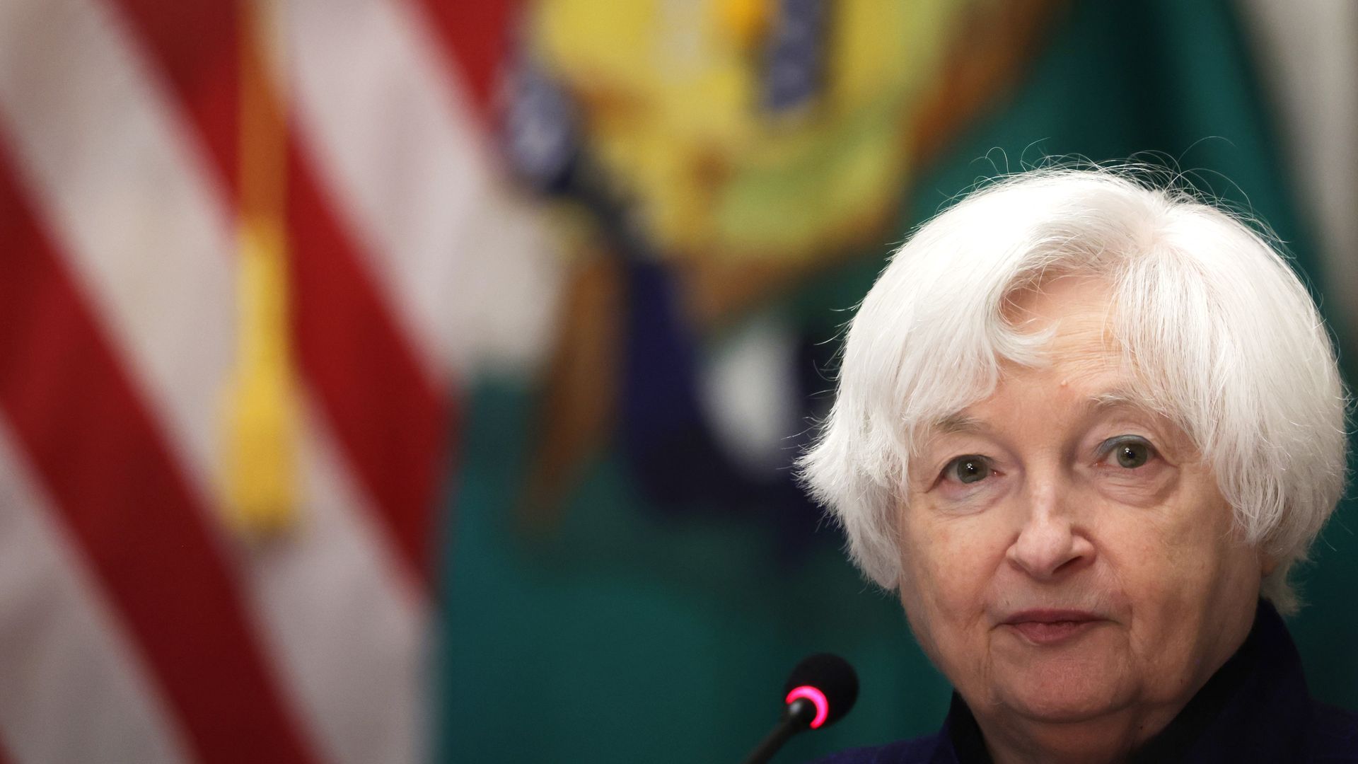 U.S. Secretary Janet Yellen listens during an open session of a Financial Stability Oversight Council meeting at the Department of the Treasury on April 21, 2023 in Washington, DC.