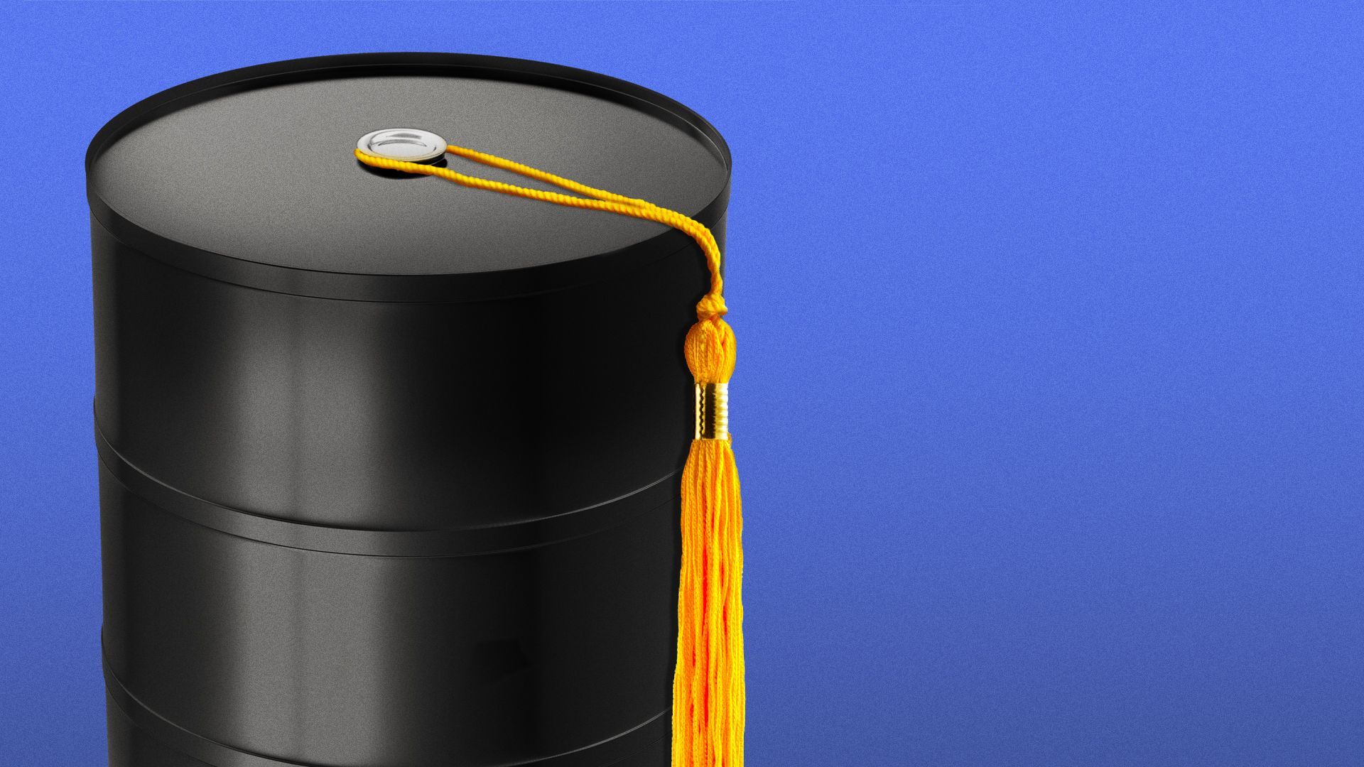 Illustration of an oil drum wearing a mortarboard tassel.