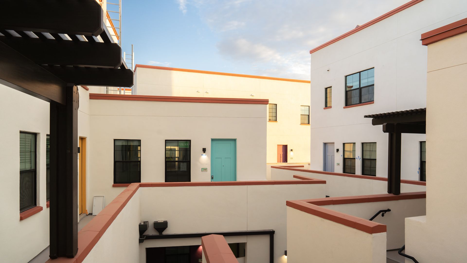 A colorful apartment building.