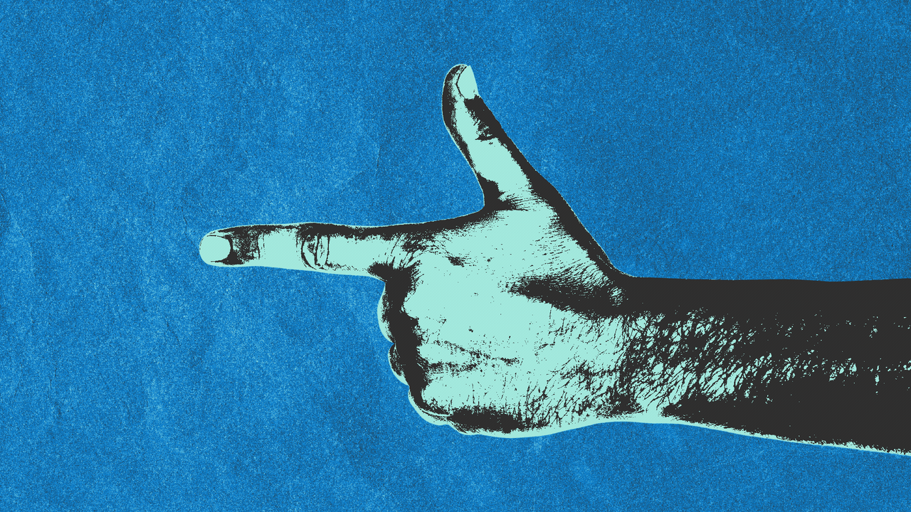 Animated illustration of a collage cycling through 5 left hands making finger guns, pointed left.