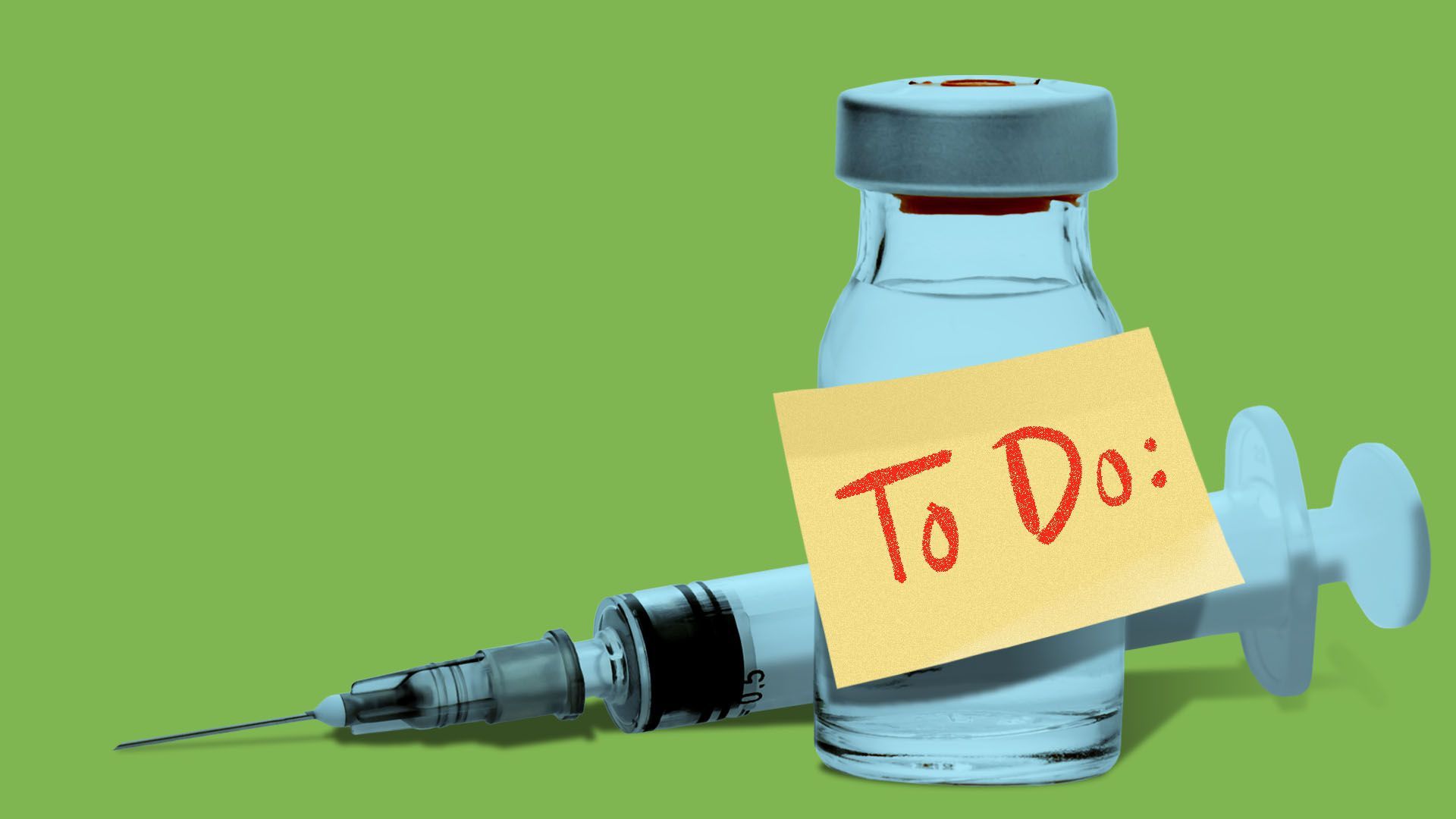 Illustration of a syringe and glass medicine bottle with a post-it note attached that says 