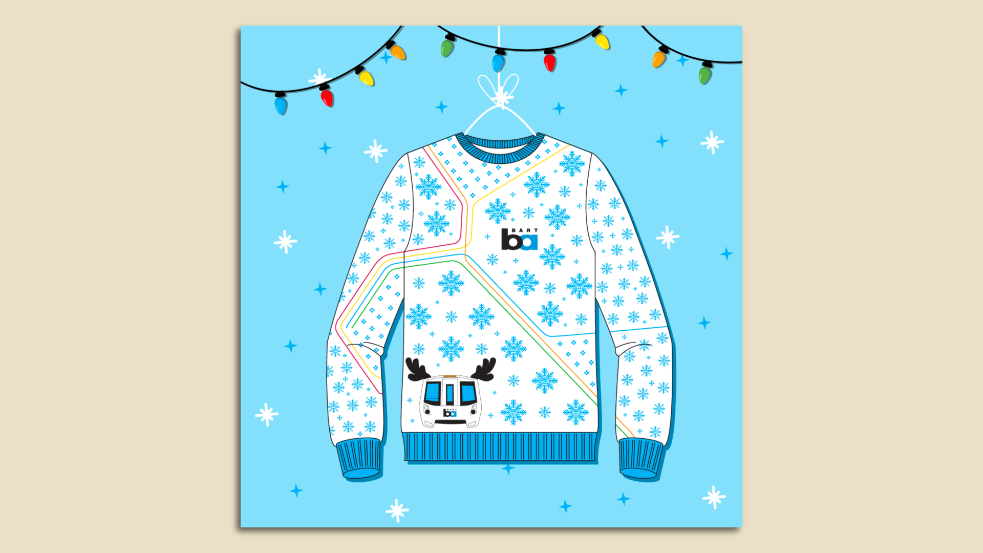 Graphic showing a white sweater with blue snowflakes and a BART train with reindeer antlers
