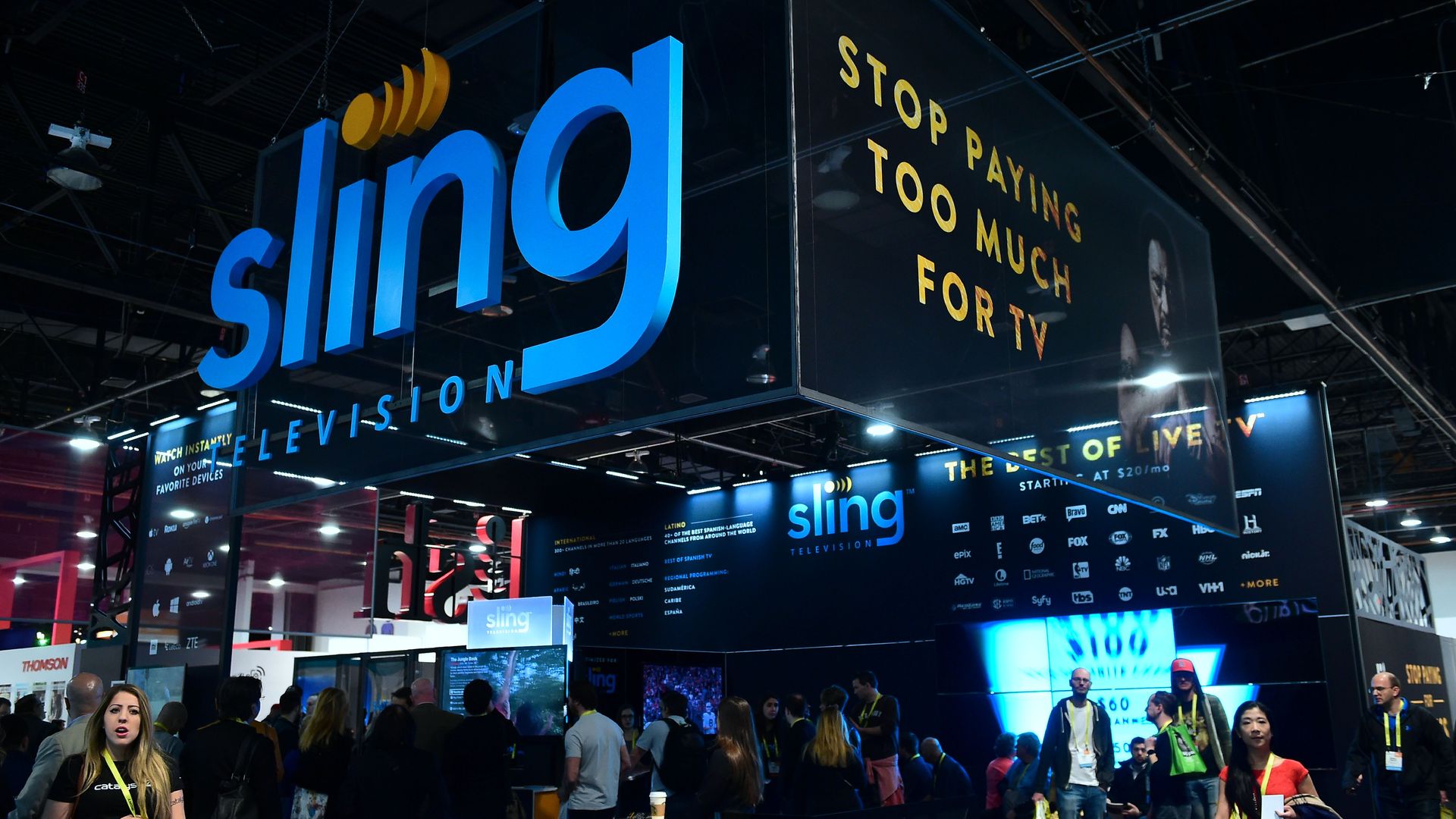 A sign with the Sling Television logo at a conference